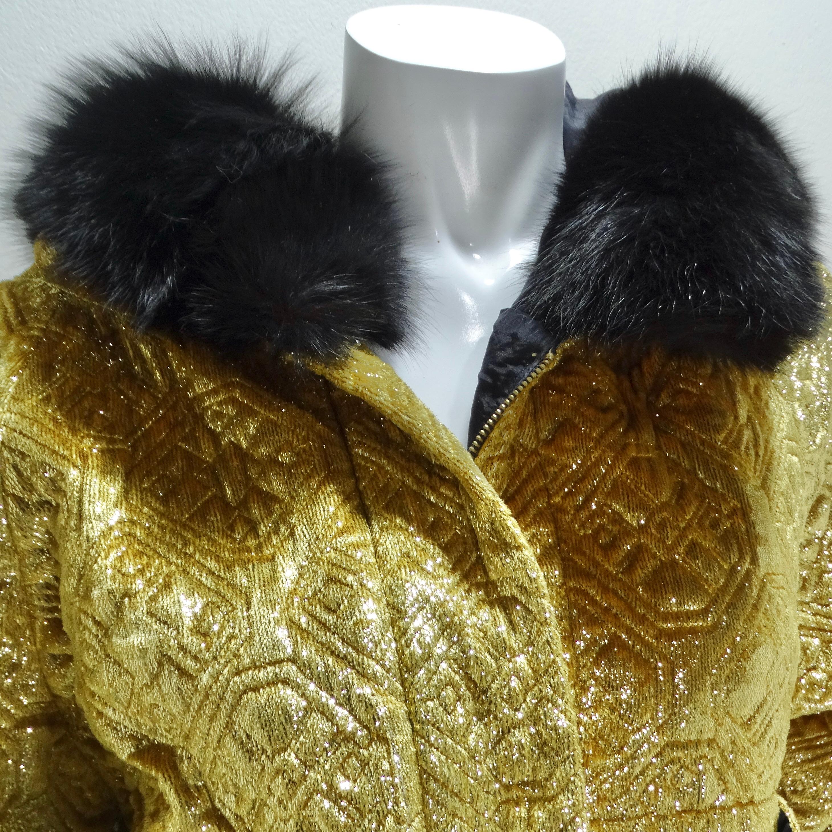 Make a bold statement with our 1980s Quilted Metallic Gold Fur Hood Jacket—a stunning and edgy piece that effortlessly combines glamour, warmth, and a touch of rebellion. This jacket isn't just outerwear; it's a dazzling statement of individuality