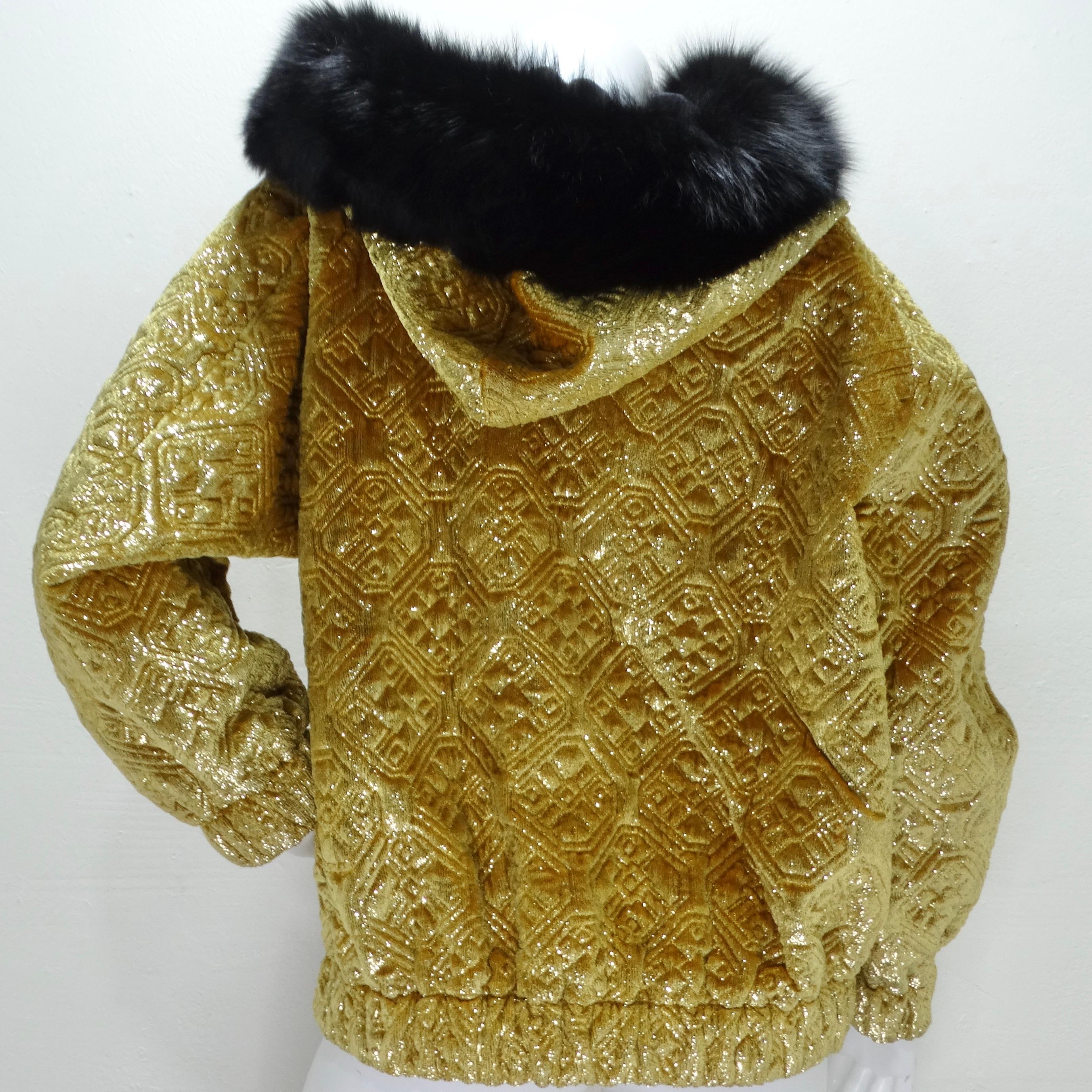 Women's or Men's 1980s Quilted Metallic Gold Fur Hood Jacket