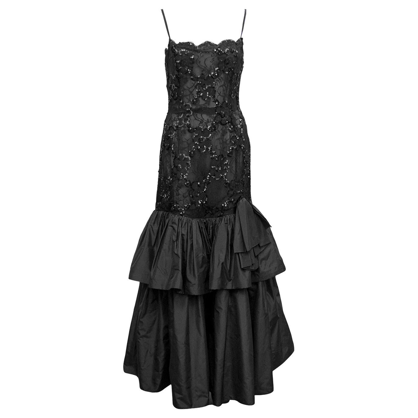 1980s Raffaella Curiel Black Lace and Sequin Gown  For Sale