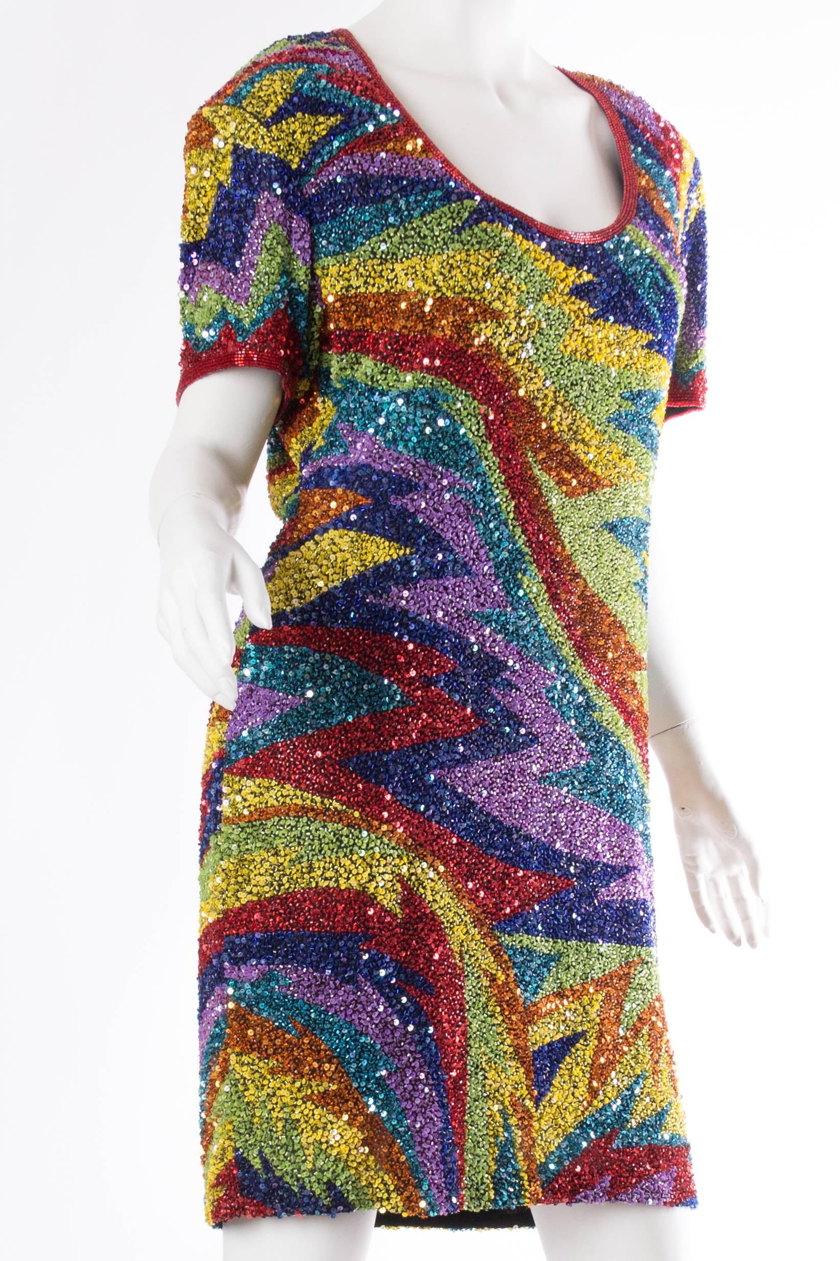 Black 1980s Rainbow Beaded Silk Cocktail Dress 