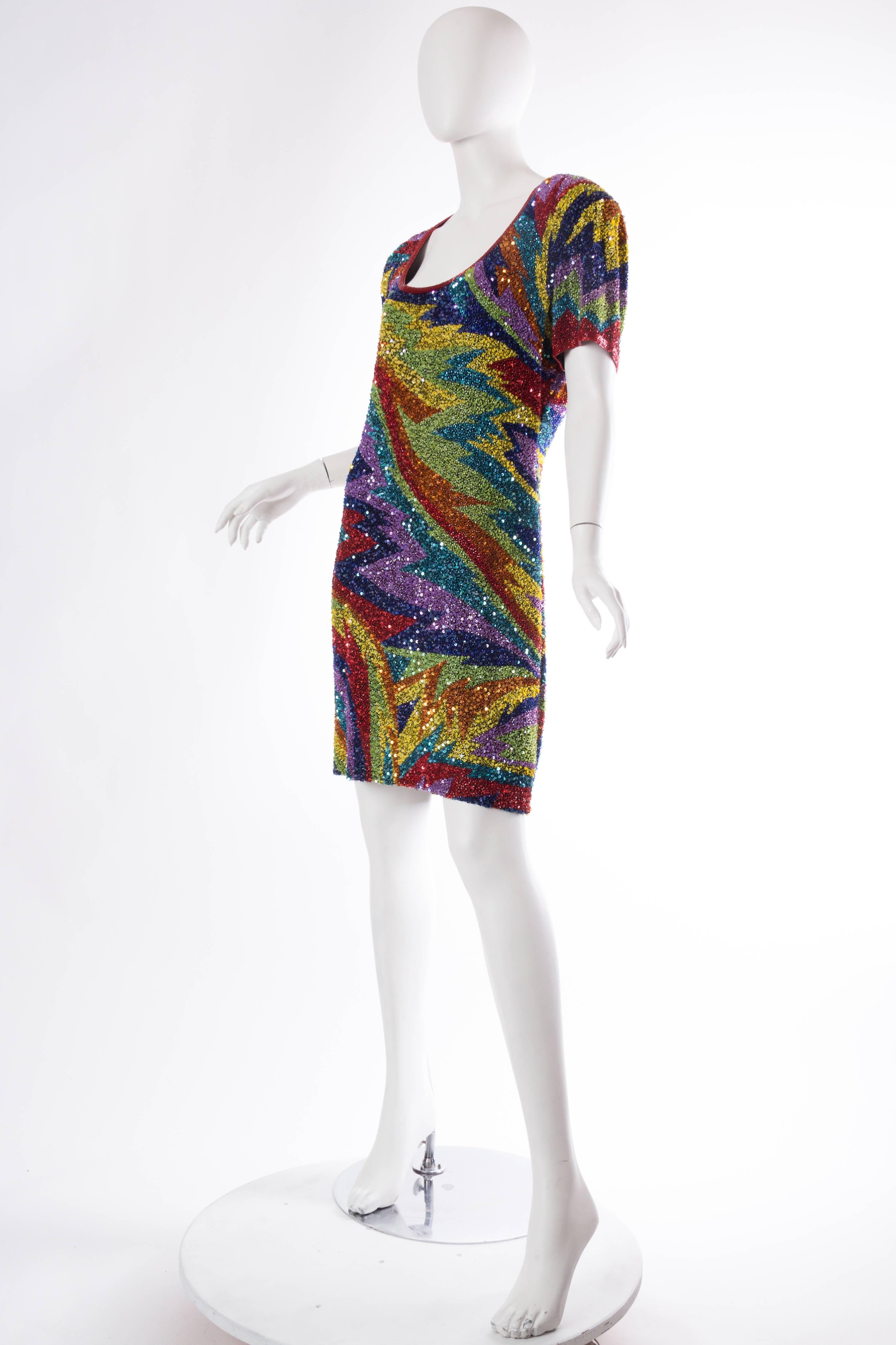 1980s Rainbow Beaded Silk Cocktail Dress  In Excellent Condition In New York, NY