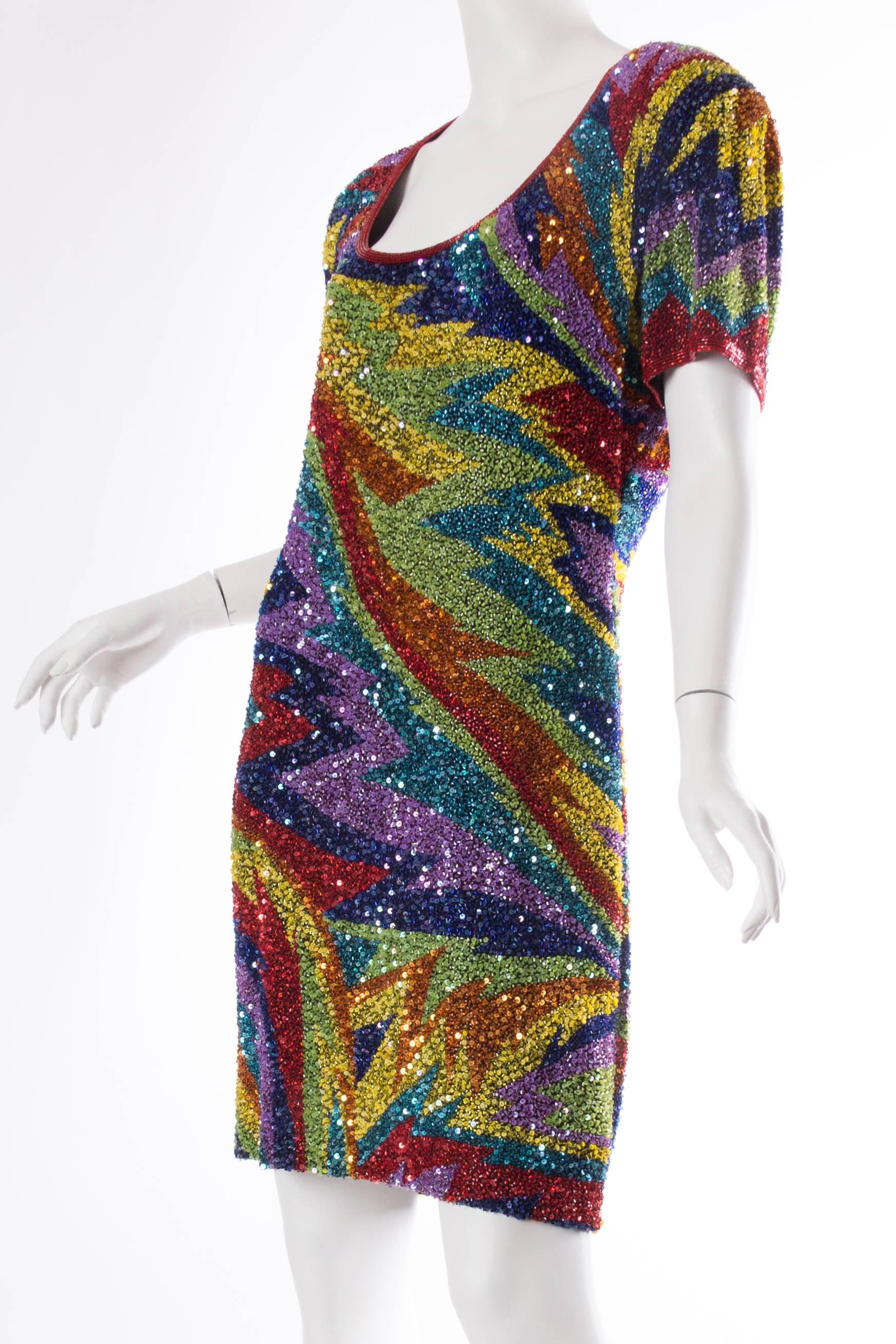 Women's 1980s Rainbow Beaded Silk Cocktail Dress 