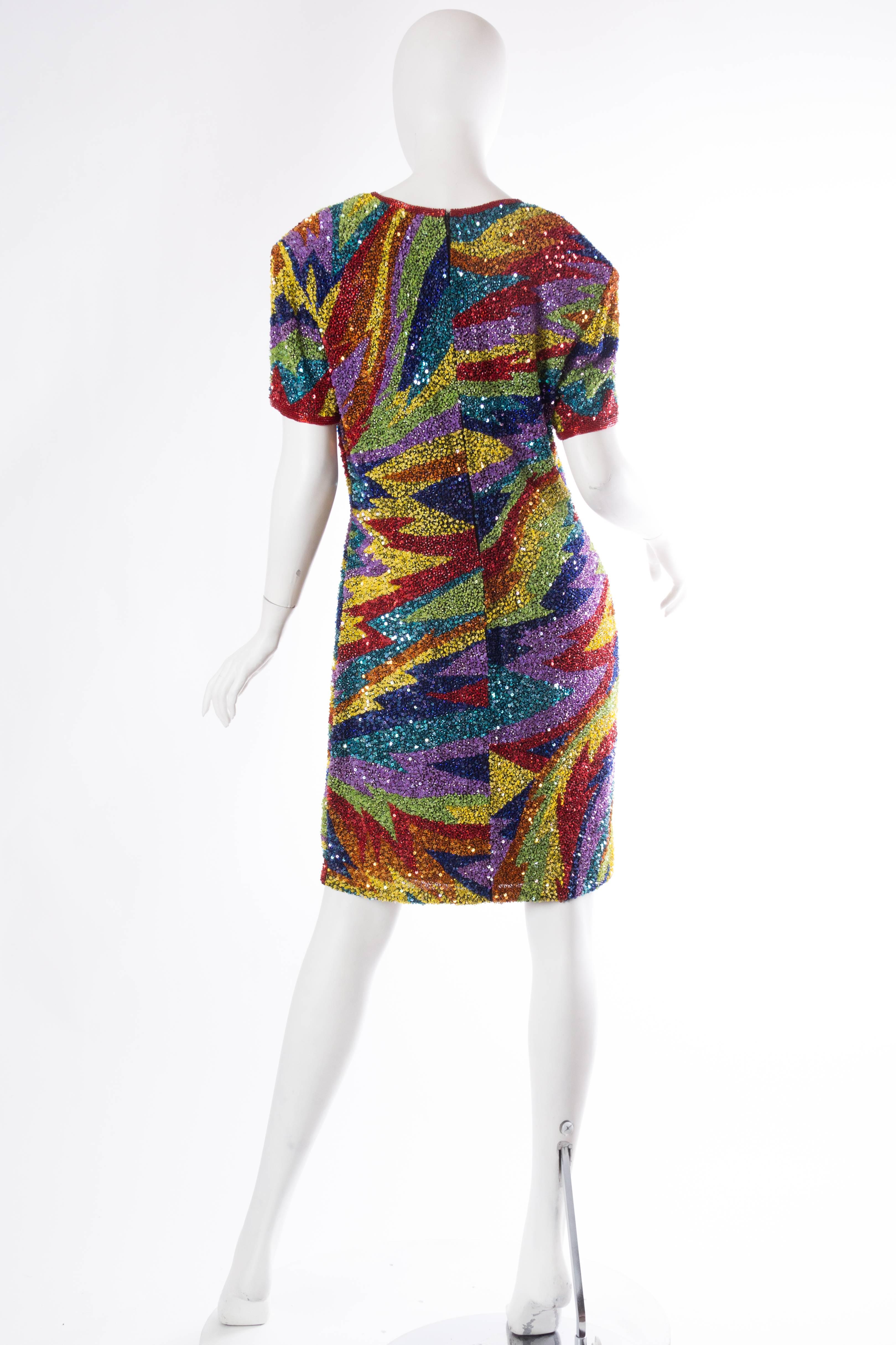 1980s Rainbow Beaded Silk Cocktail Dress  1