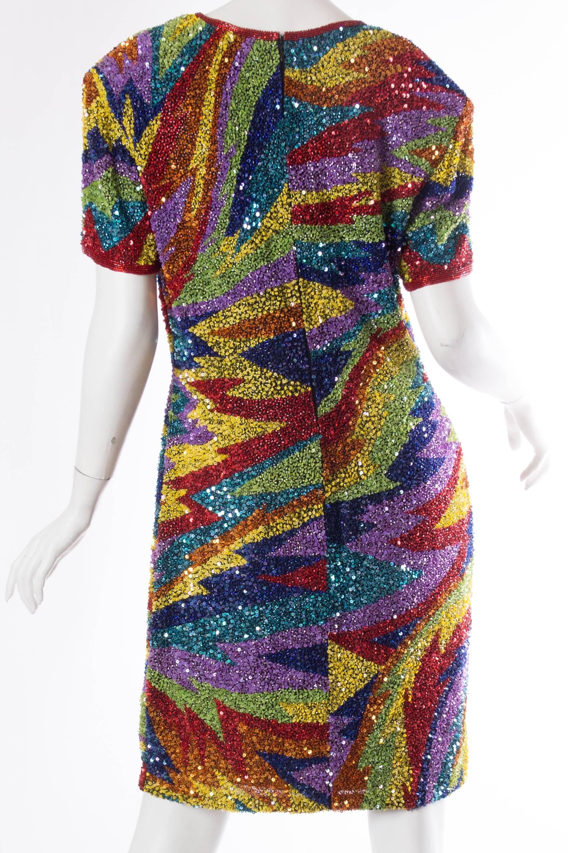 1980s Rainbow Beaded Silk Cocktail Dress  2