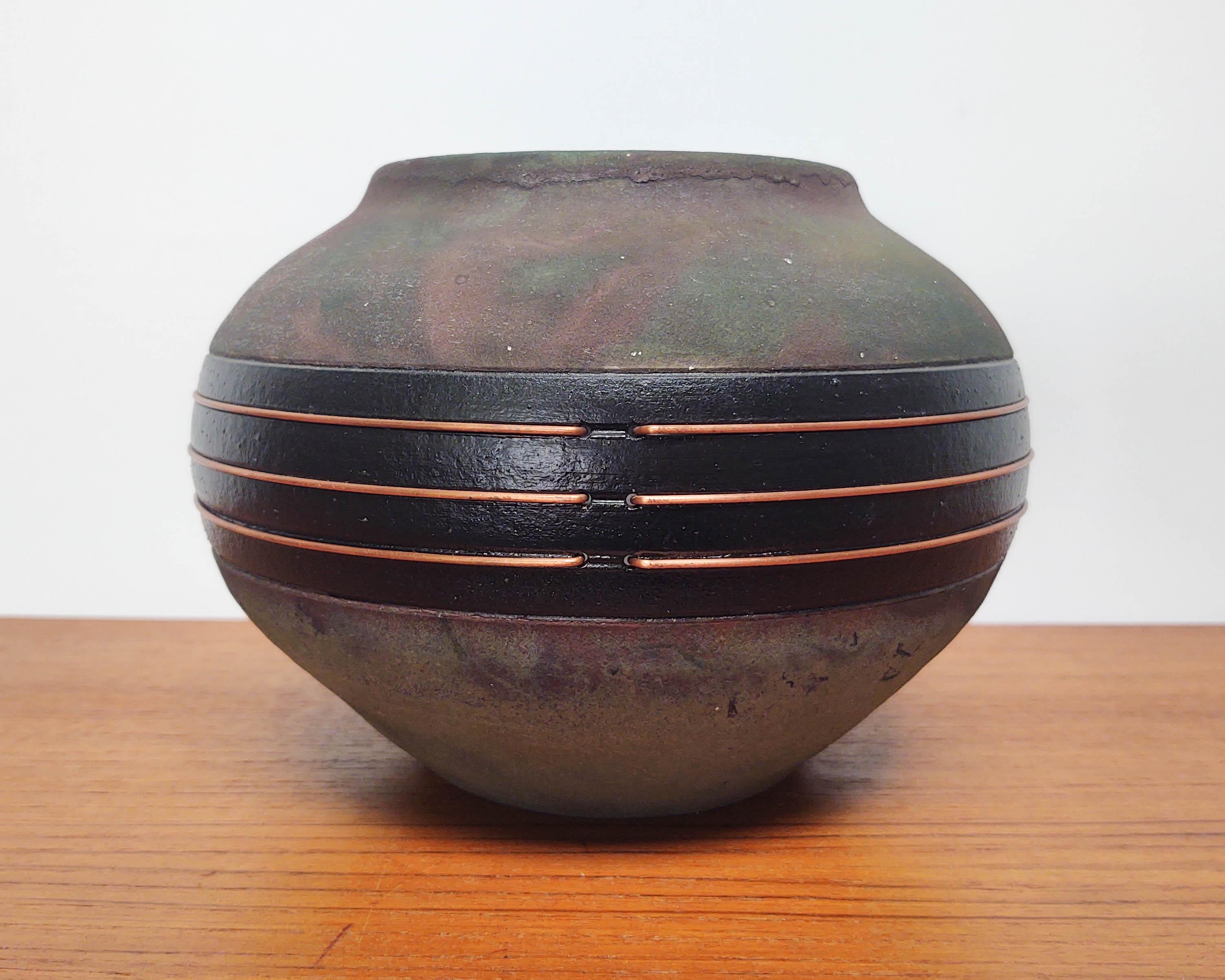 1980s Raku Fired Iridescent Black Earthenware Pottery Vessel For Sale 5