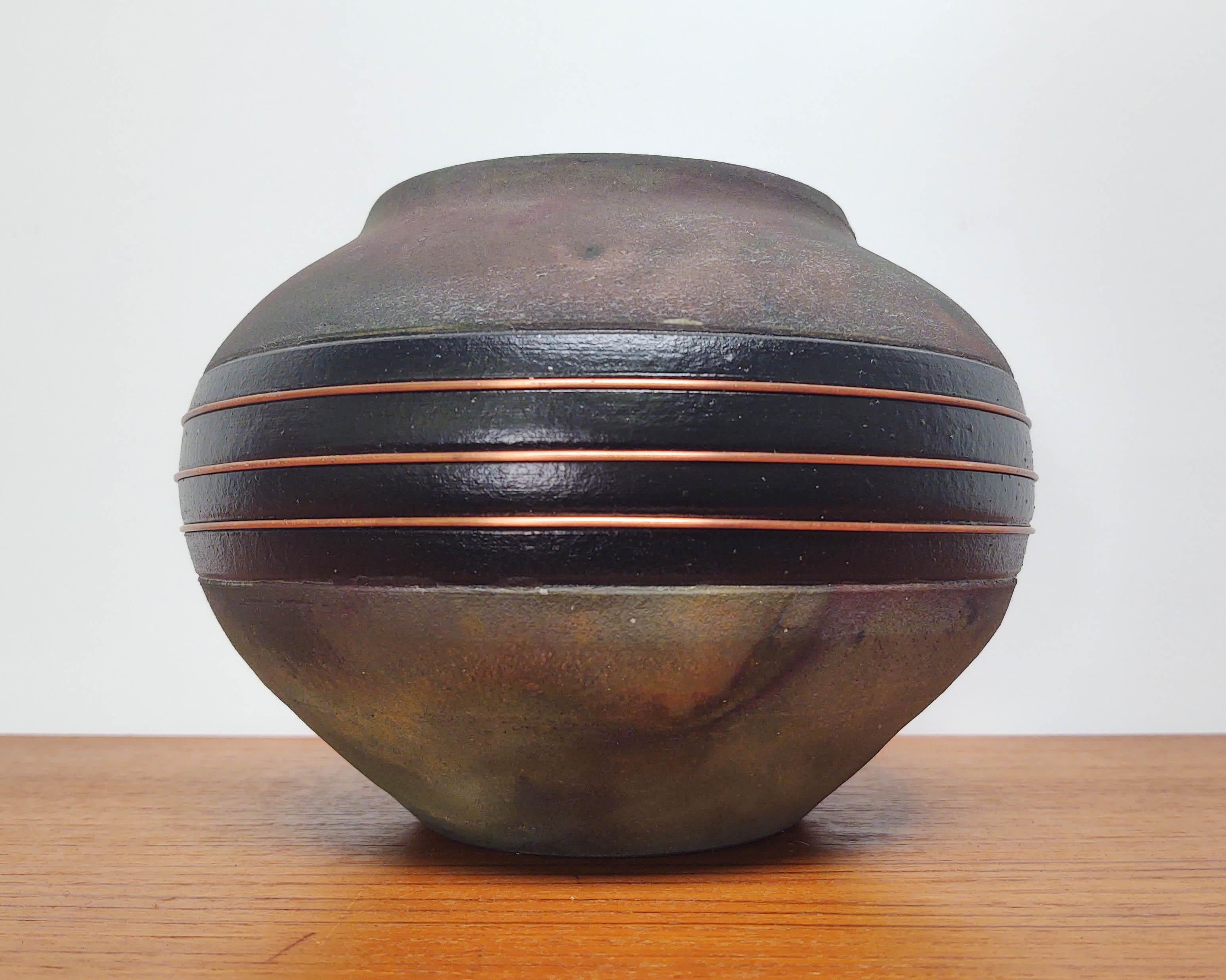 Copper 1980s Raku Fired Iridescent Black Earthenware Pottery Vessel For Sale