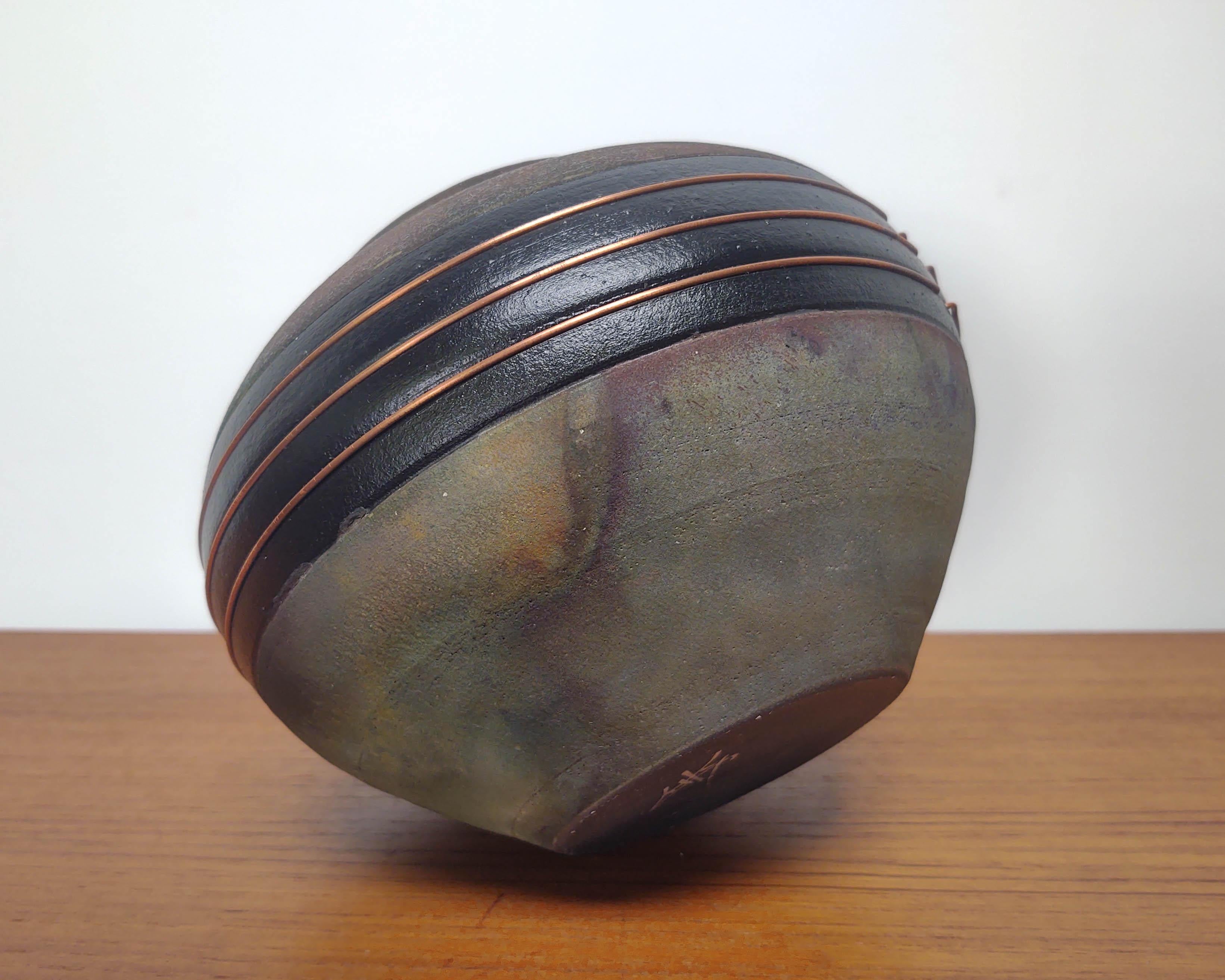 1980s Raku Fired Iridescent Black Earthenware Pottery Vessel For Sale 1
