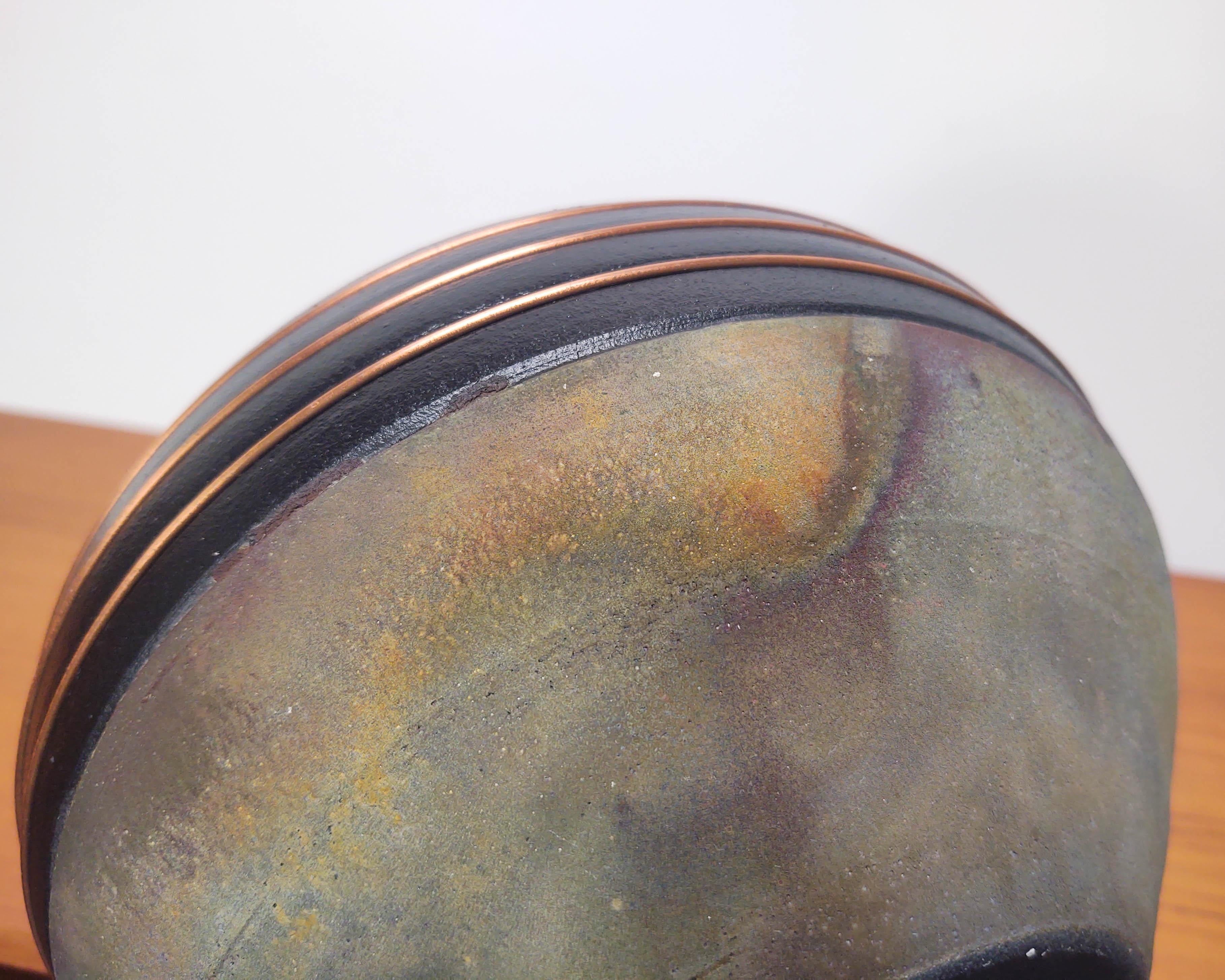 1980s Raku Fired Iridescent Black Earthenware Pottery Vessel For Sale 3