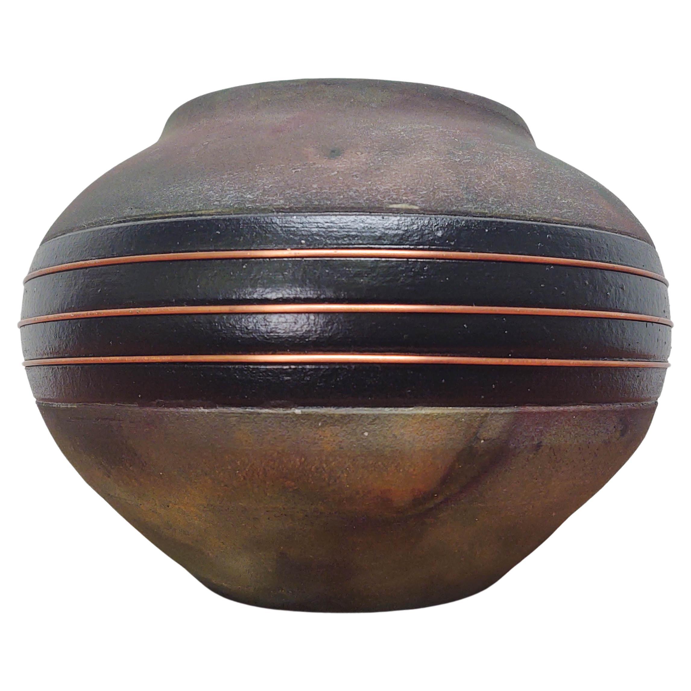 1980s Raku Fired Iridescent Black Earthenware Pottery Vessel