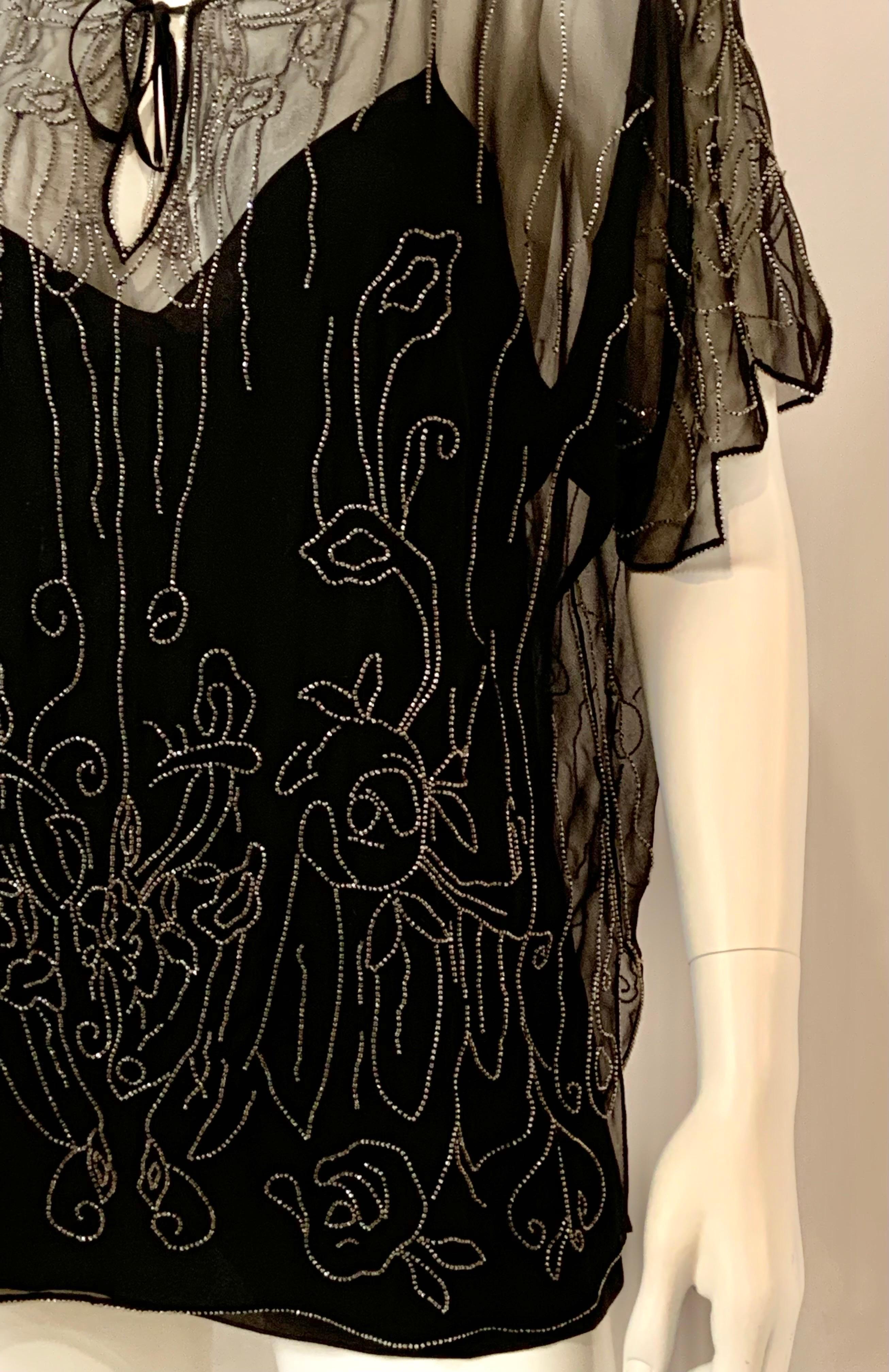 1980's Ralph Lauren Beaded Black Chiffon Top In Excellent Condition For Sale In New Hope, PA