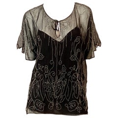 1980's Ralph Lauren Beaded Black Chiffon Top