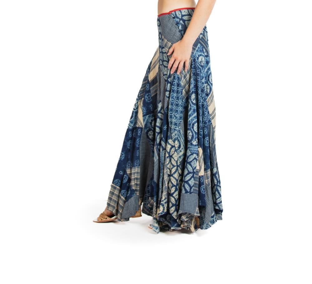 1980S Ralph Lauren Indigo Blue Linen Patchwork Skirt In Excellent Condition In New York, NY