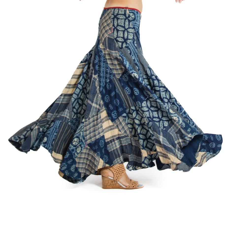 1980S Ralph Lauren Indigo Blue Linen Patchwork Skirt 4