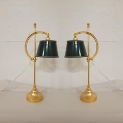 1980s Ralph Lauren Style Gilt Metal and Green Shade Desk / Table Lamps, Pair