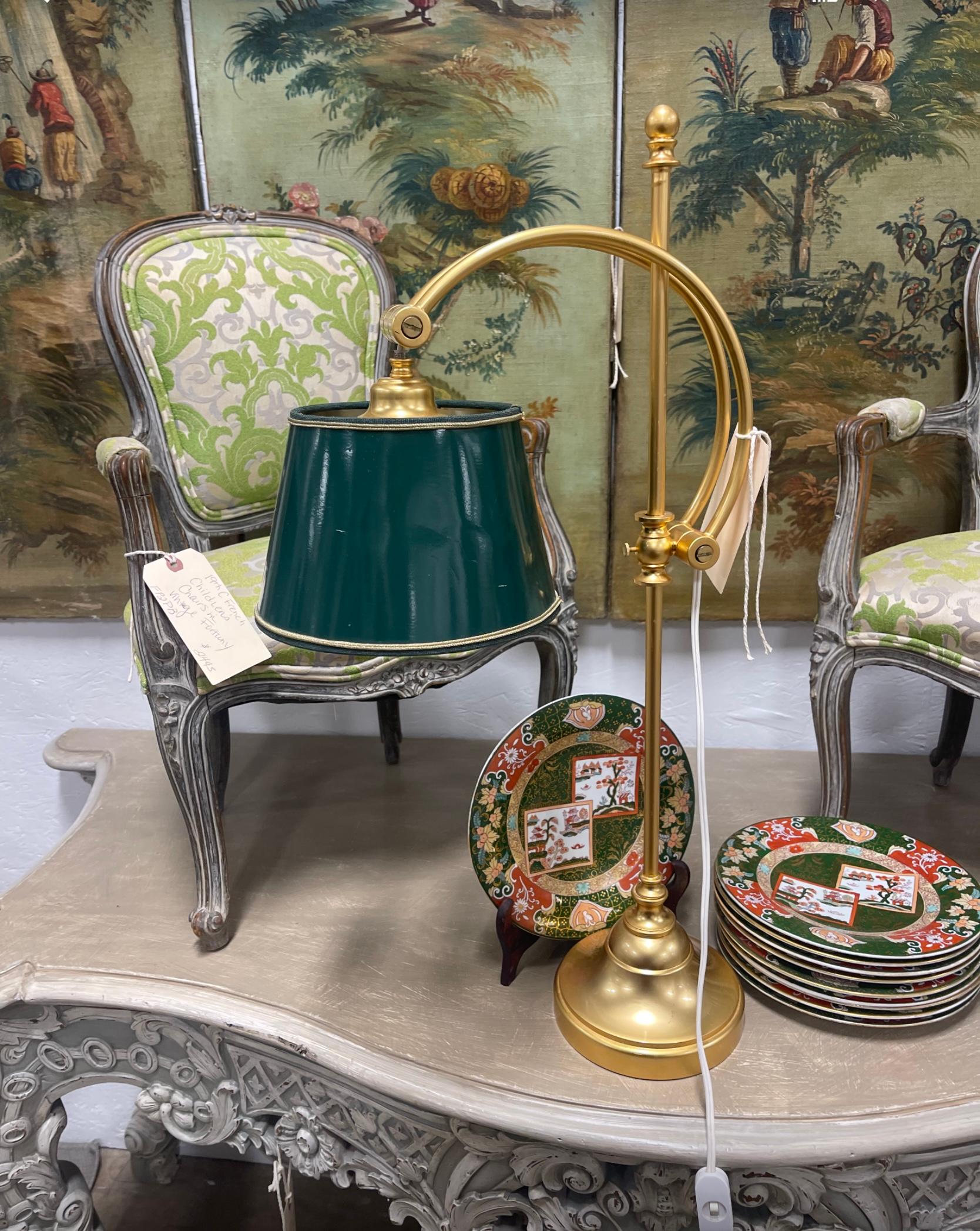 Unknown 1980s Ralph Lauren Style Gilt Metal and Green Shade Desk / Table Lamps, Pair