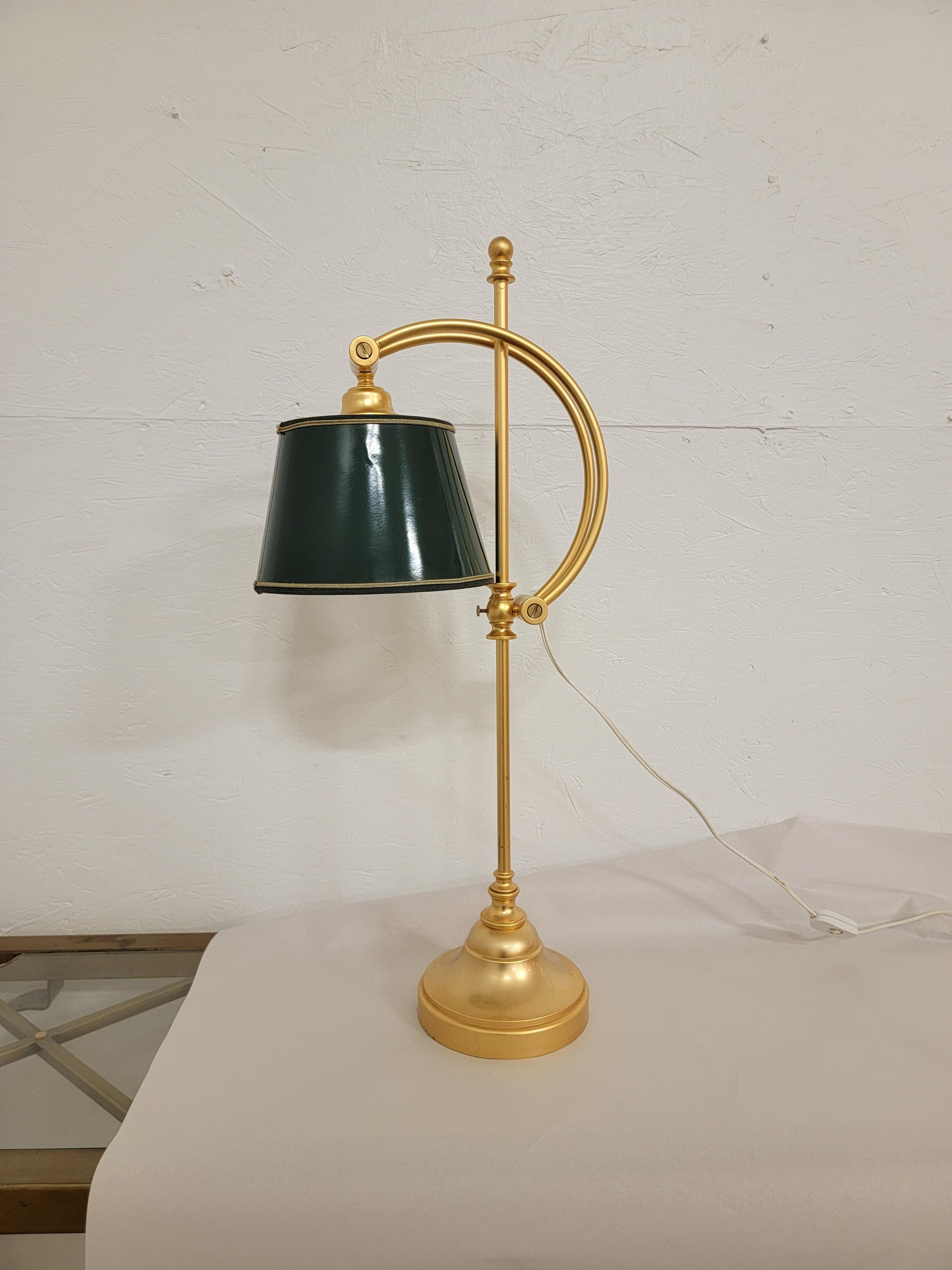 1980s Ralph Lauren Style Gilt Metal and Green Shade Desk / Table Lamps, Pair In Good Condition In Kennesaw, GA