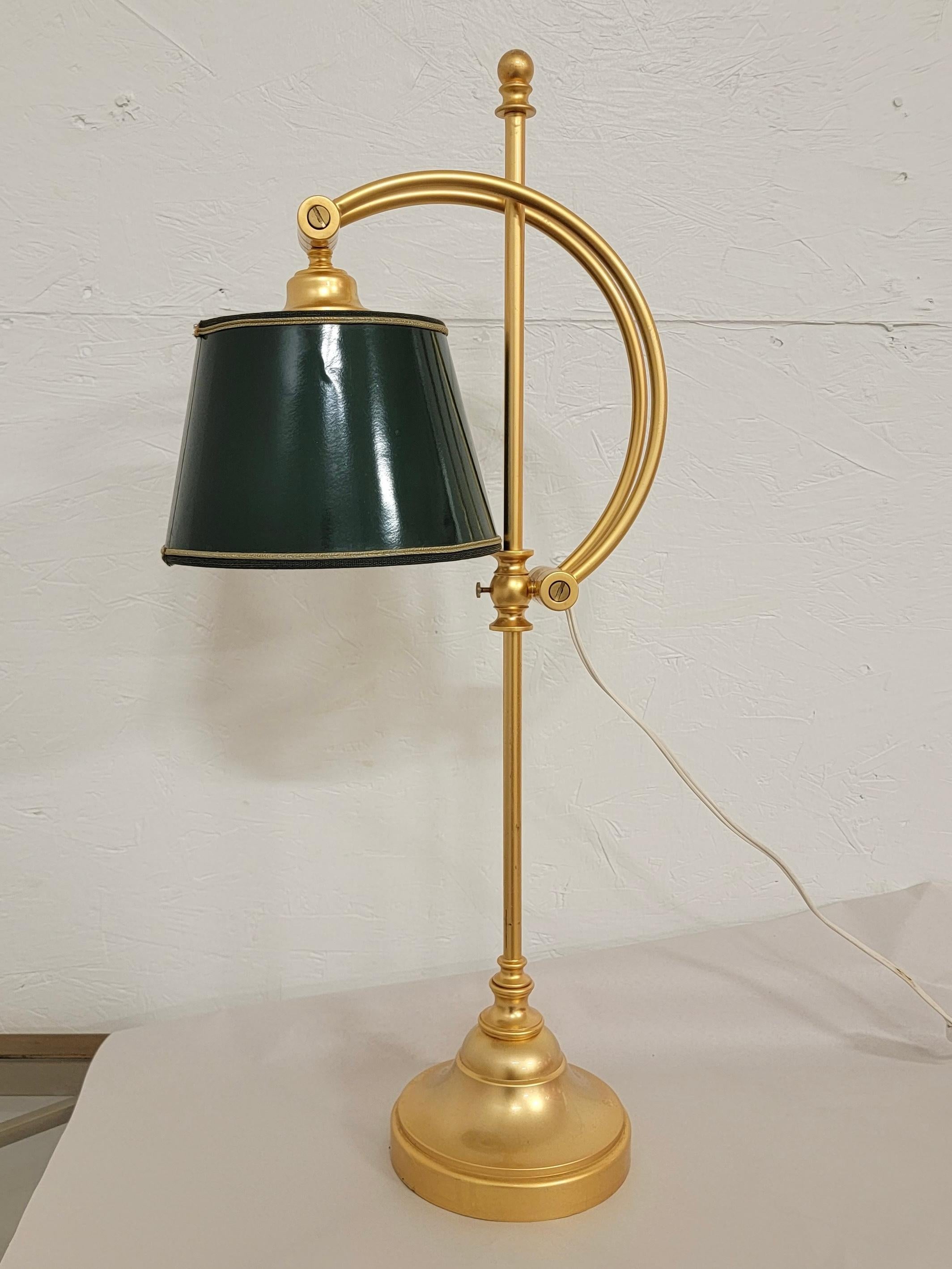 1980s Ralph Lauren Style Gilt Metal and Green Shade Desk / Table Lamps, Pair 1