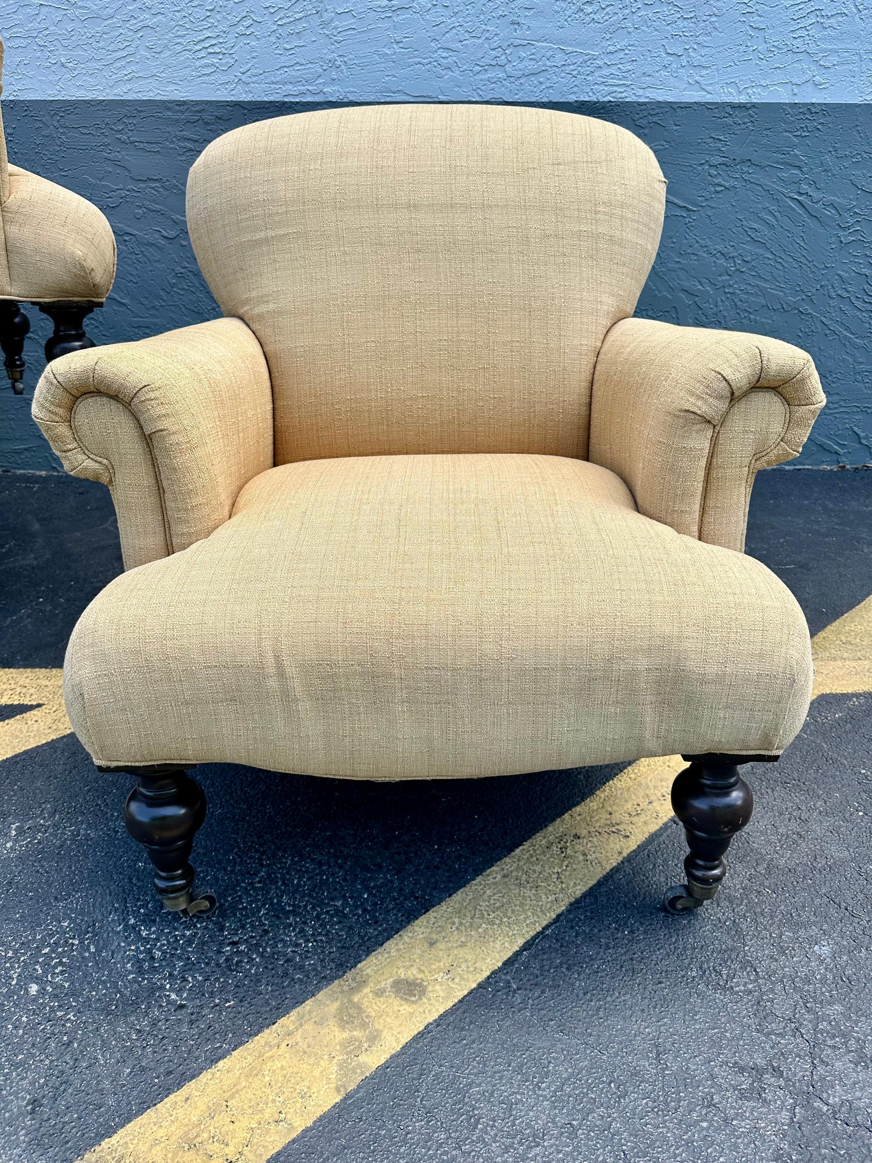 Bohemian 1980s Ralph Lauren English Style Beige Gold Library Castors Chairs, Set of 2 For Sale