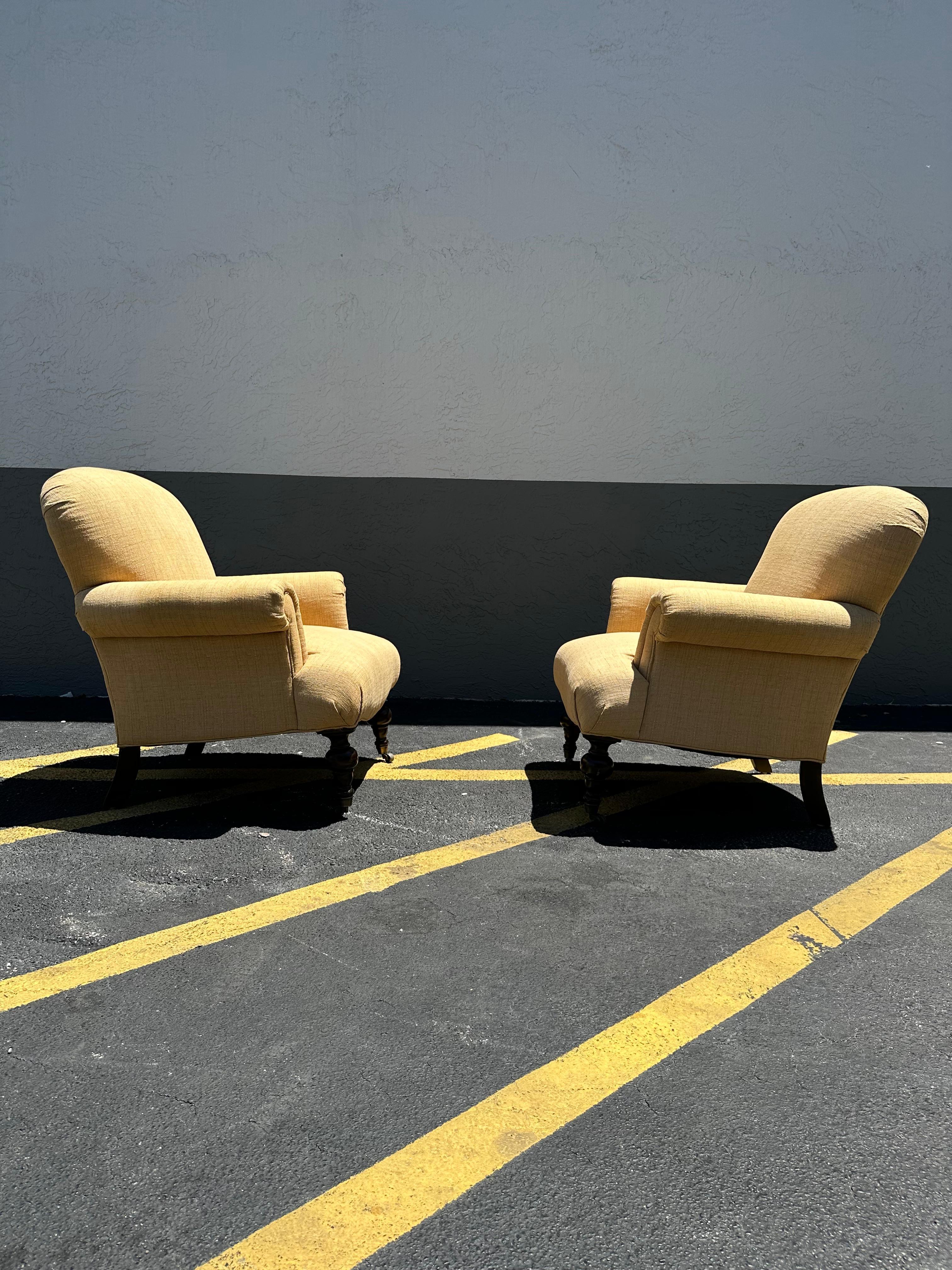 Upholstery 1980s Ralph Lauren English Style Beige Gold Library Castors Chairs, Set of 2 For Sale
