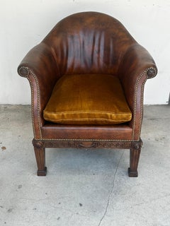 1980s Ralph Lauren Style Leather Mohair Gilt Greek Key Wood Library Chair