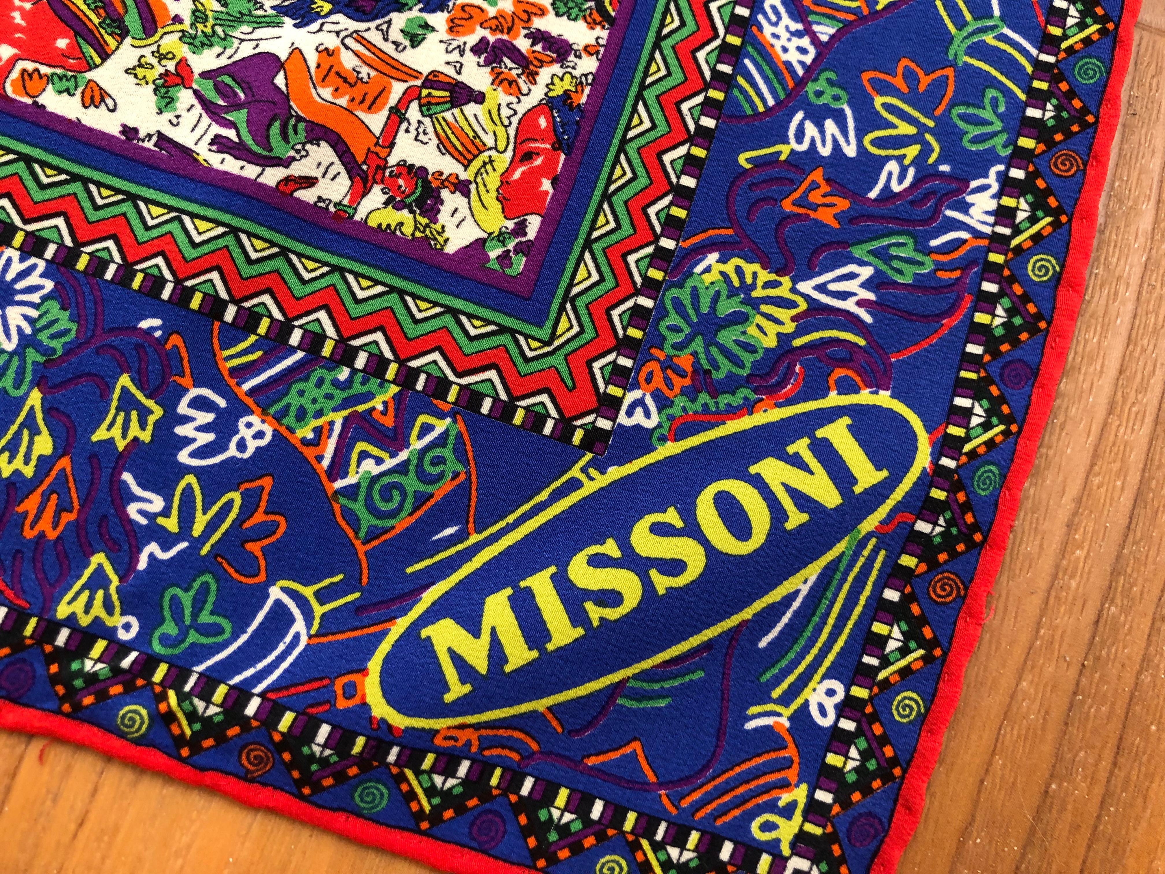 This Missoni scarf is in superb condition. The exotic figures and abstract designs are very colorful and will dress up any outfit. The hems are hand rolled and plump.