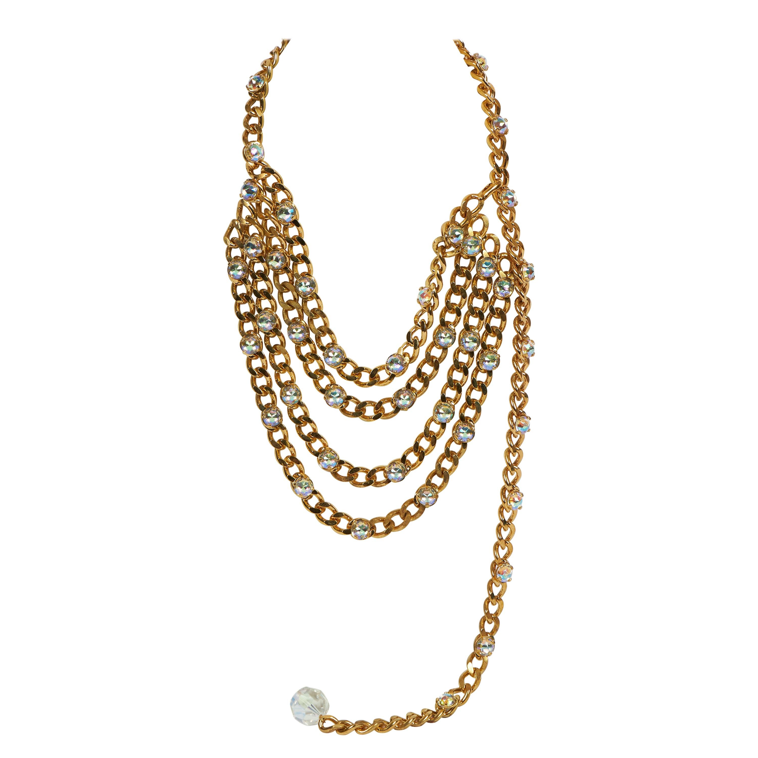 Chanel, rare collier ou ceinture vintage à 4 brins en or avec chaîne et strass, années 1980 en vente