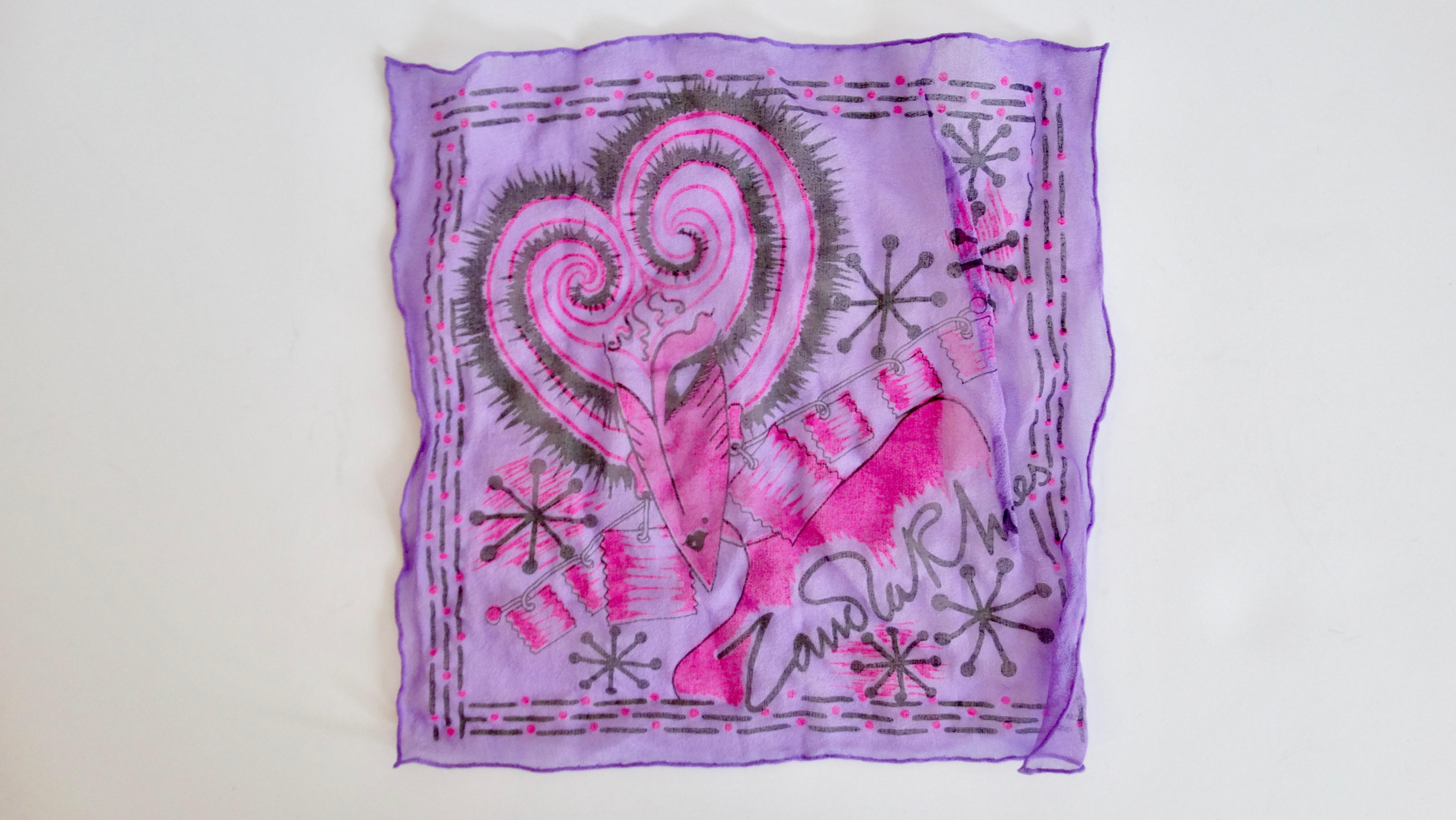 Super rare 1980s hand painted silk hanky from none other than Zandra Rhodes! Standard 9 inch size hanky- made from a textured micro plisse-like violet silk. Painted on pink and black abstract art print signed 