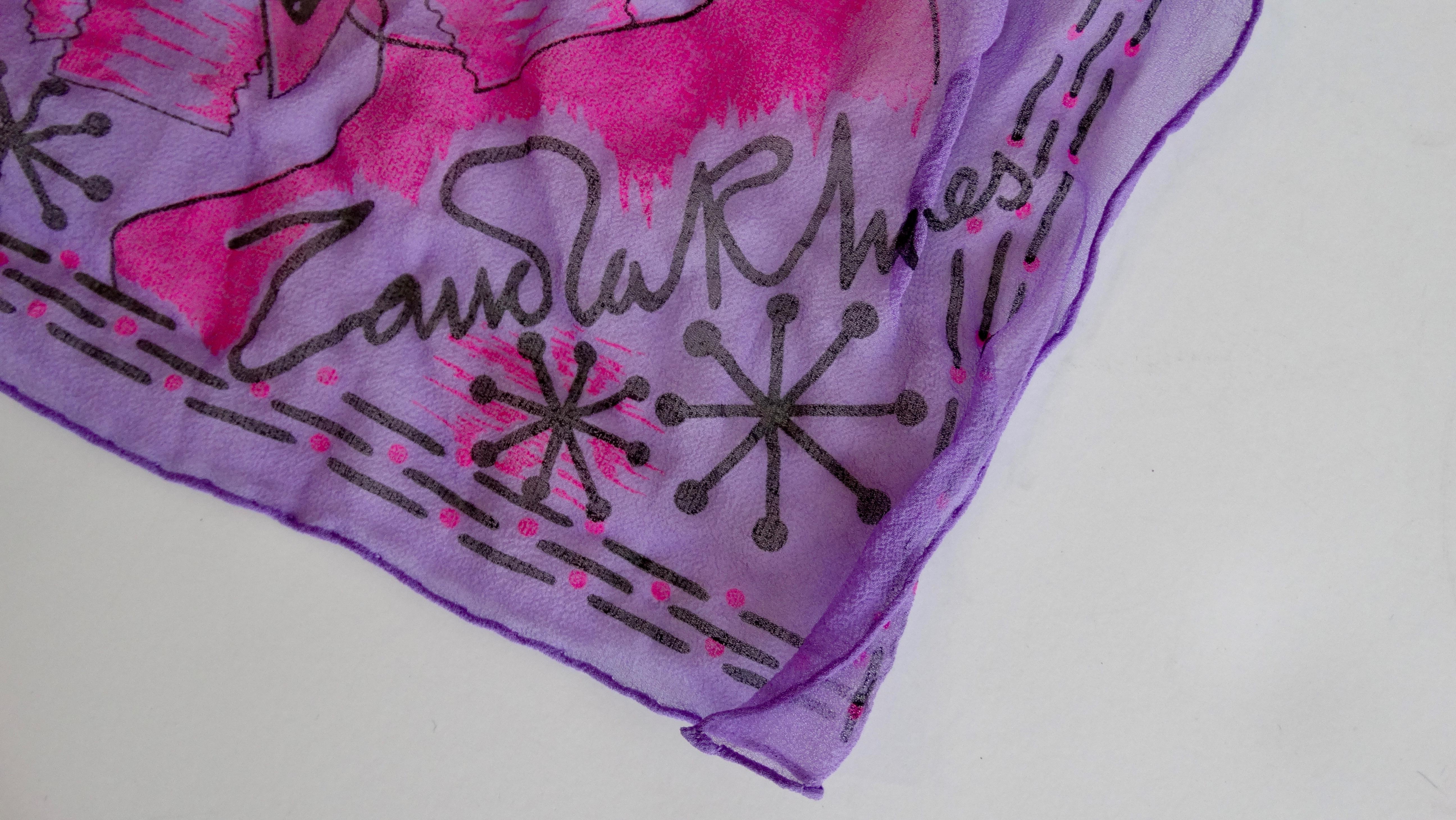 Purple Zandra Rhodes 1980s Violet Hand Painted Silk Hanky 