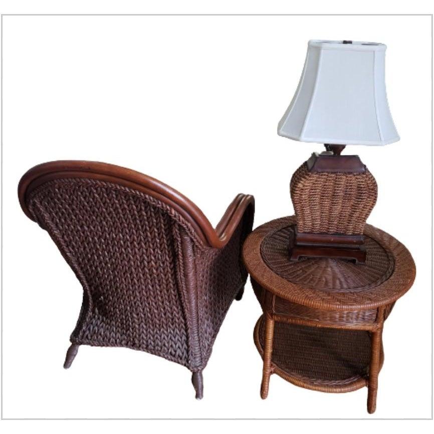 Vintage custom rattan and rush chair, Rattan side table and rush lamp. Lamp does not come with shade. Chair is ready for your choice of Seat cushion to match you design. Chair is 30