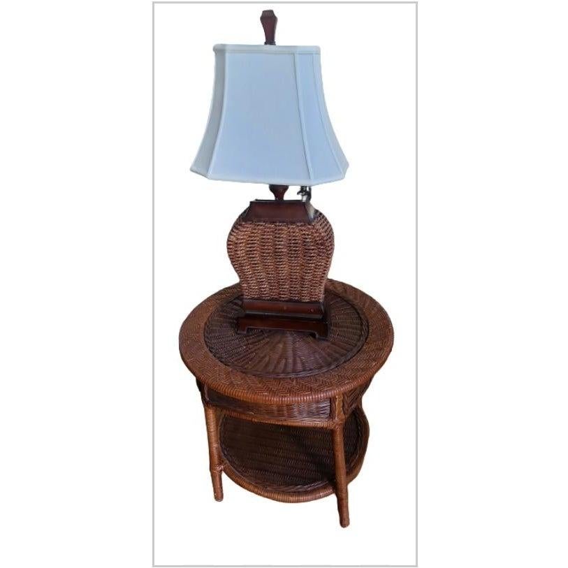 American Classical 1980s Rattan and Rush Chair, Table, and Lamp Set, 3 Piece Set For Sale