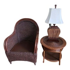 1980s Rattan and Rush Chair, Table, and Lamp Set, 3 Piece Set