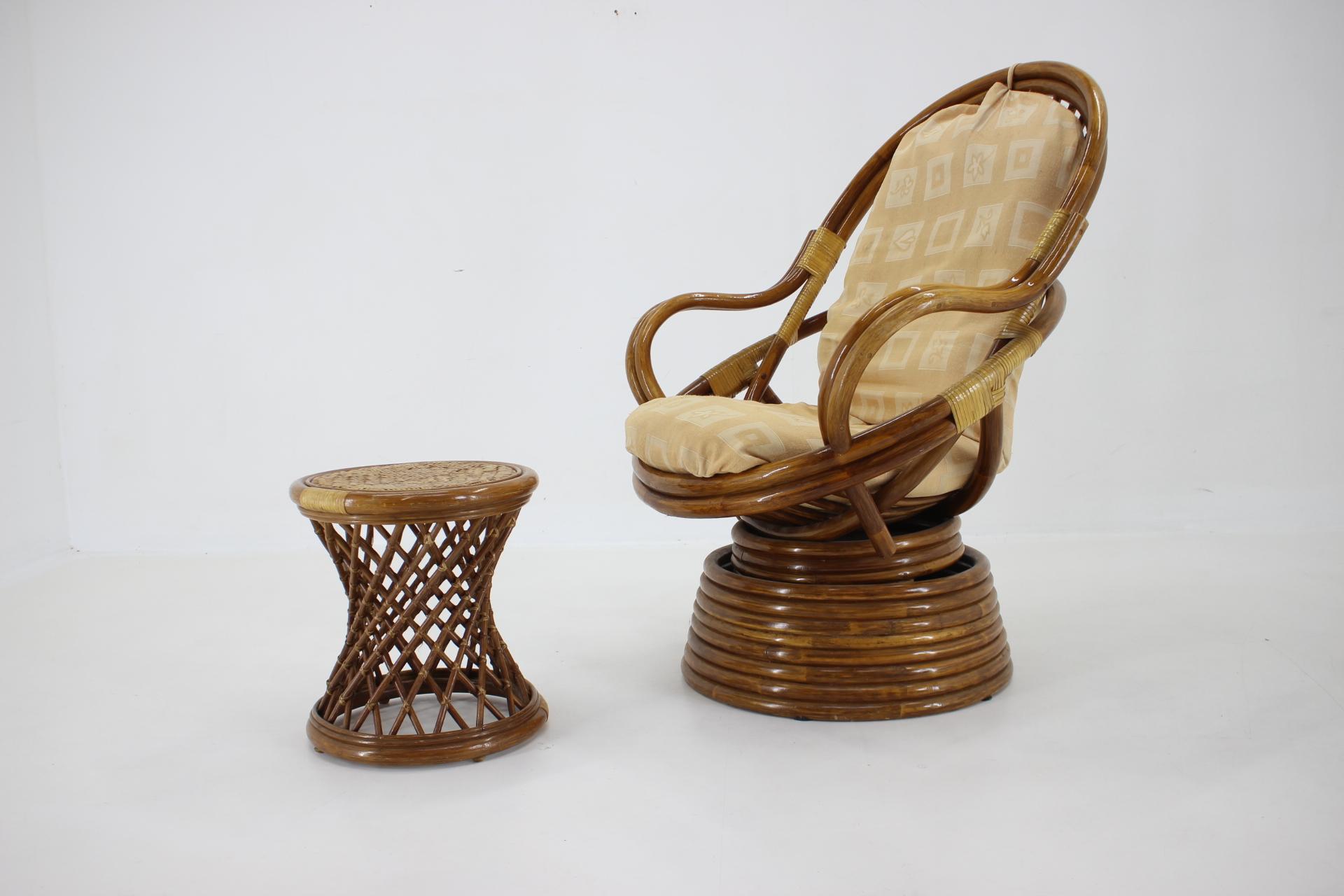 Mid-Century Modern 1980s Rattan Armchair and Stool For Sale