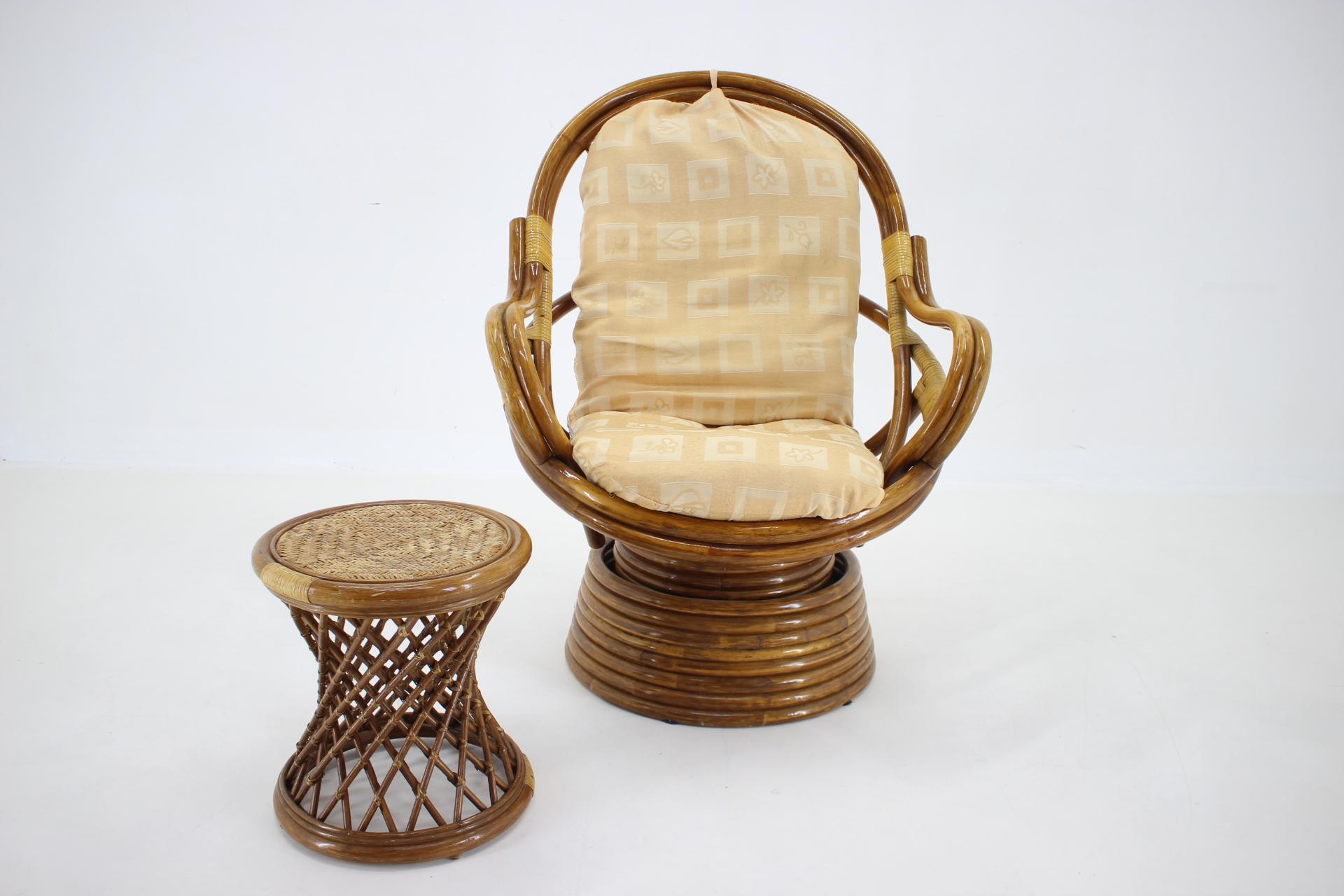 European 1980s Rattan Armchair and Stool For Sale