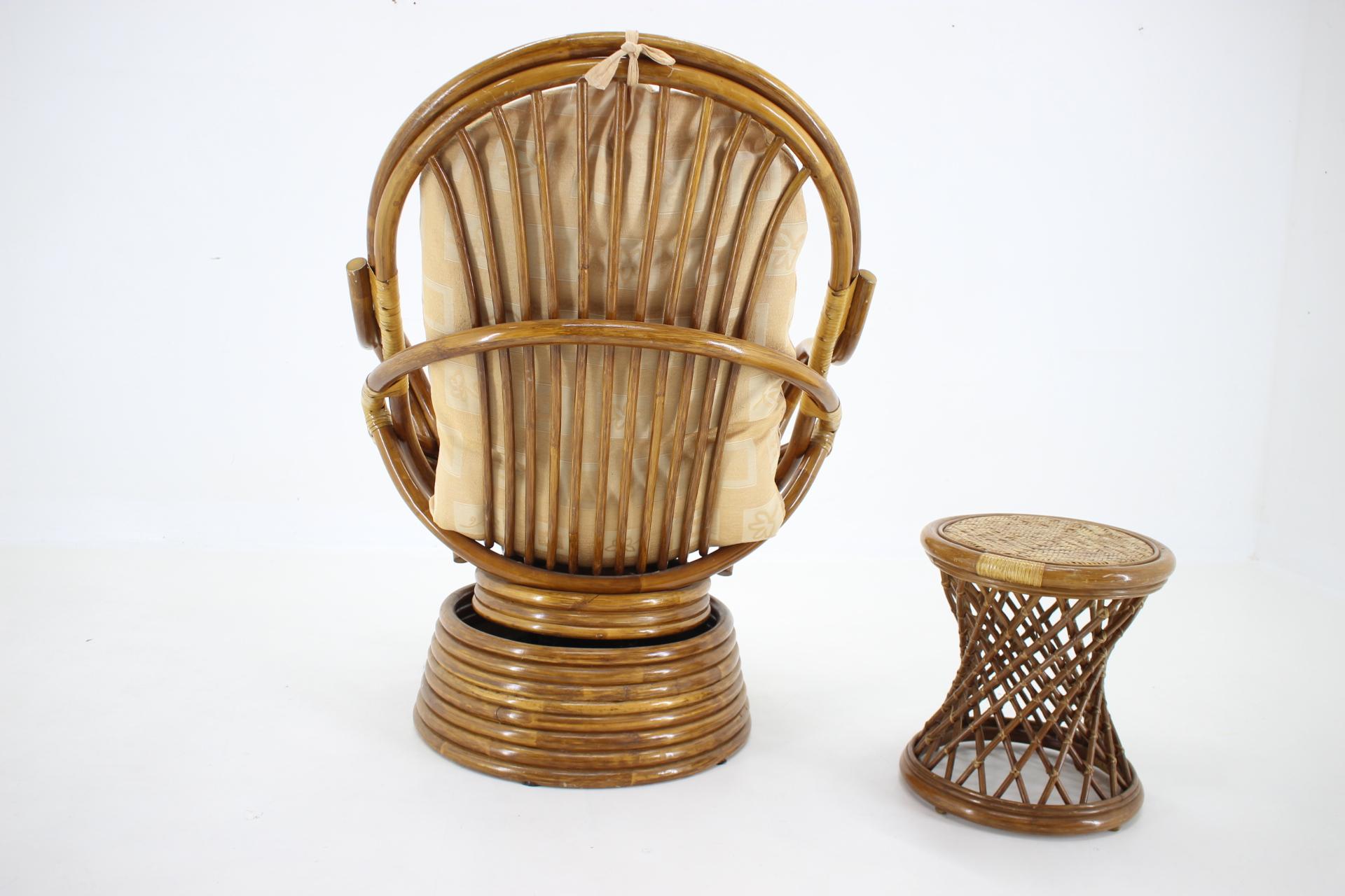Late 20th Century 1980s Rattan Armchair and Stool For Sale