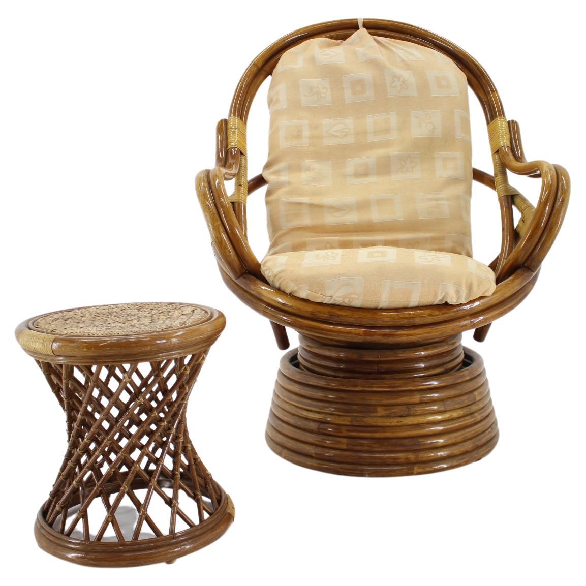 1980s Rattan Armchair and Stool For Sale