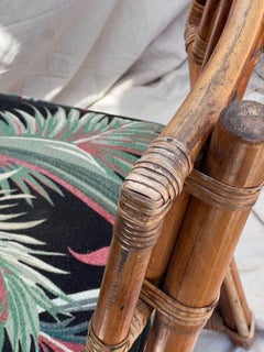 1980s Rattan Bistro Table and Upholstered Chairs With Black Glass Top - Set of 5