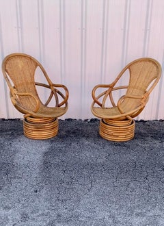 1980s Rattan Coastal Sculptural Swivel Chairs, set of 2
