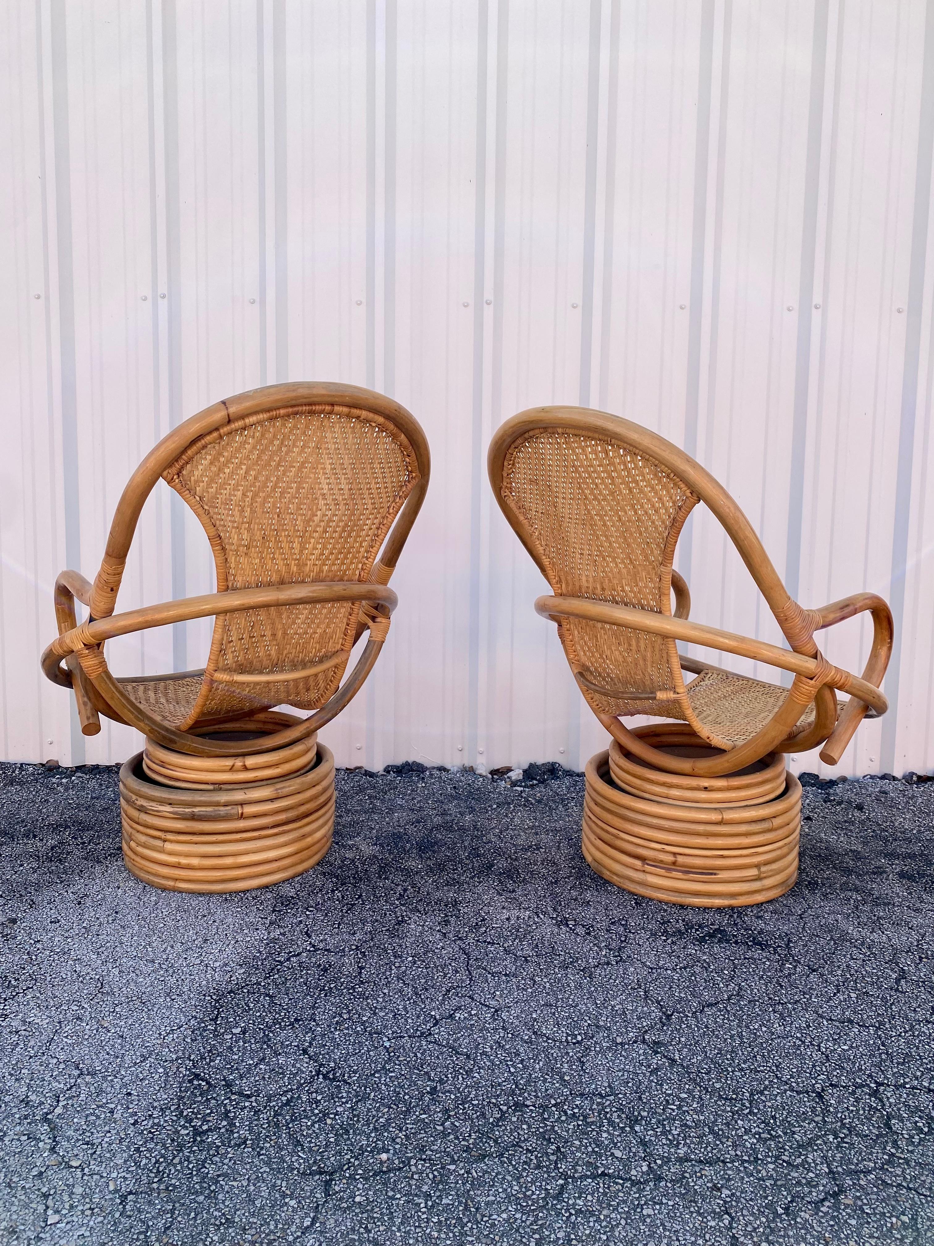 Bohemian 1980s Rattan Coastal Sculptural Swivel Chairs, set of 2 For Sale