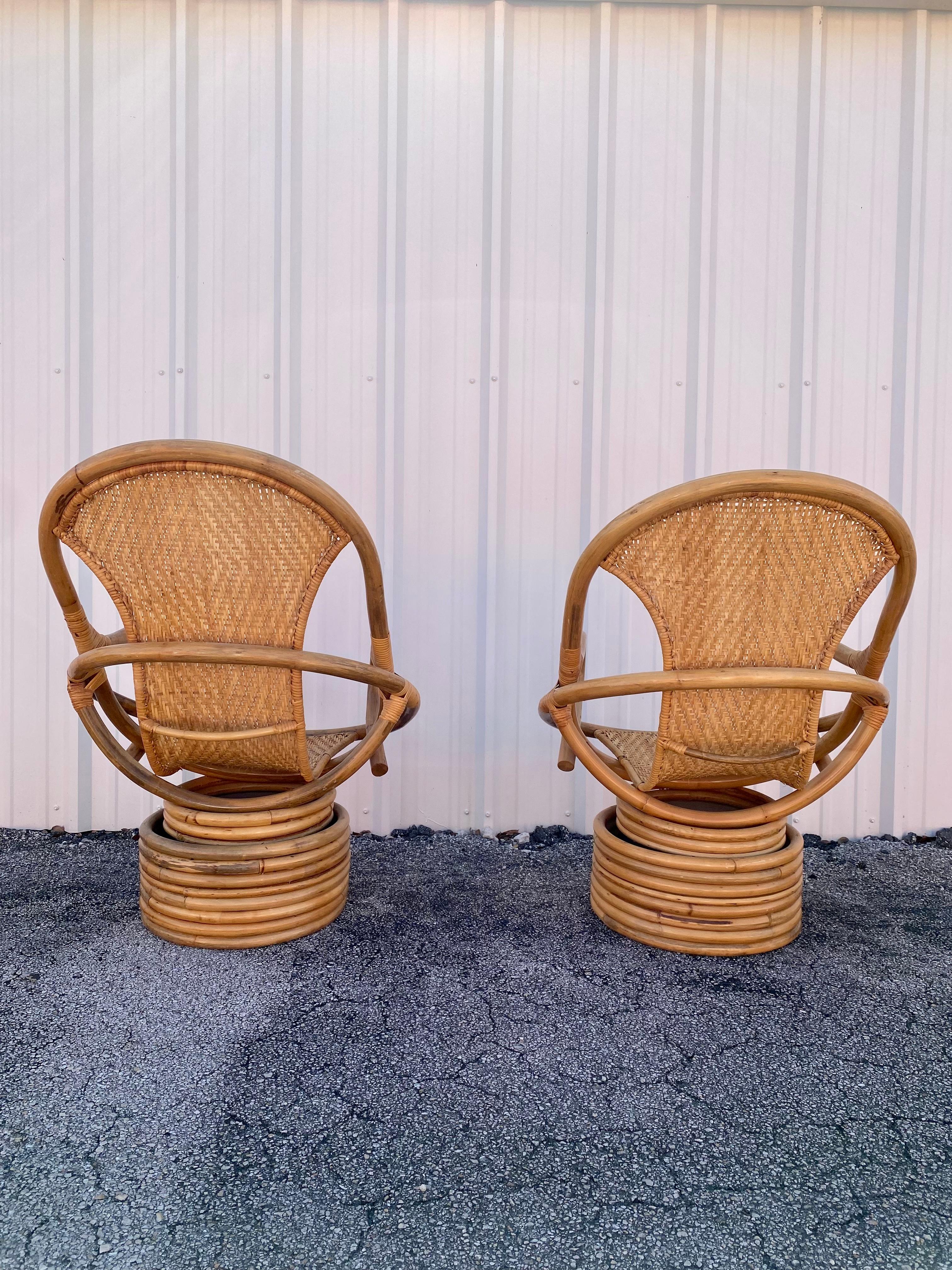 Philippine 1980s Rattan Coastal Sculptural Swivel Chairs, set of 2 For Sale