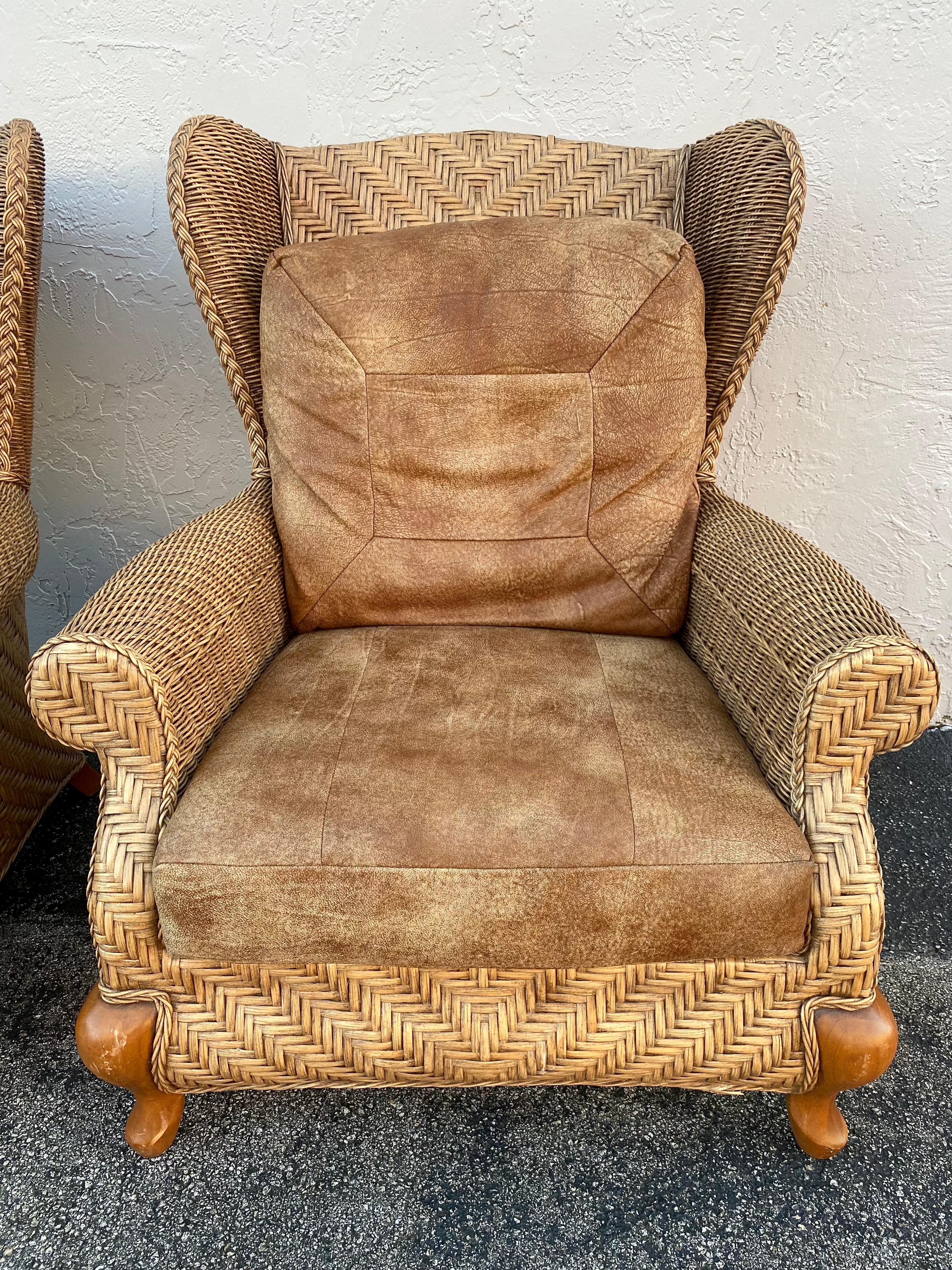 Upholstery 1980s Rattan Queen Anne Style XL Wingback Chairs, Set of 2 For Sale