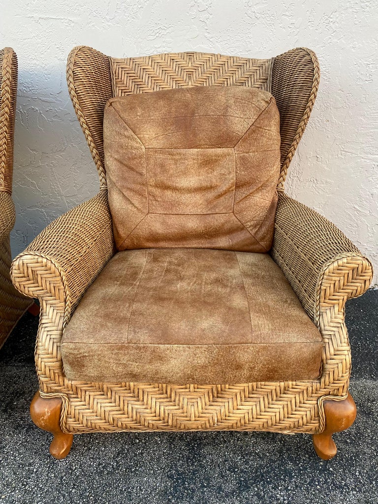 1980s Rattan Queen Anne Style XL Wingback Chairs, Set of 2 For Sale 3