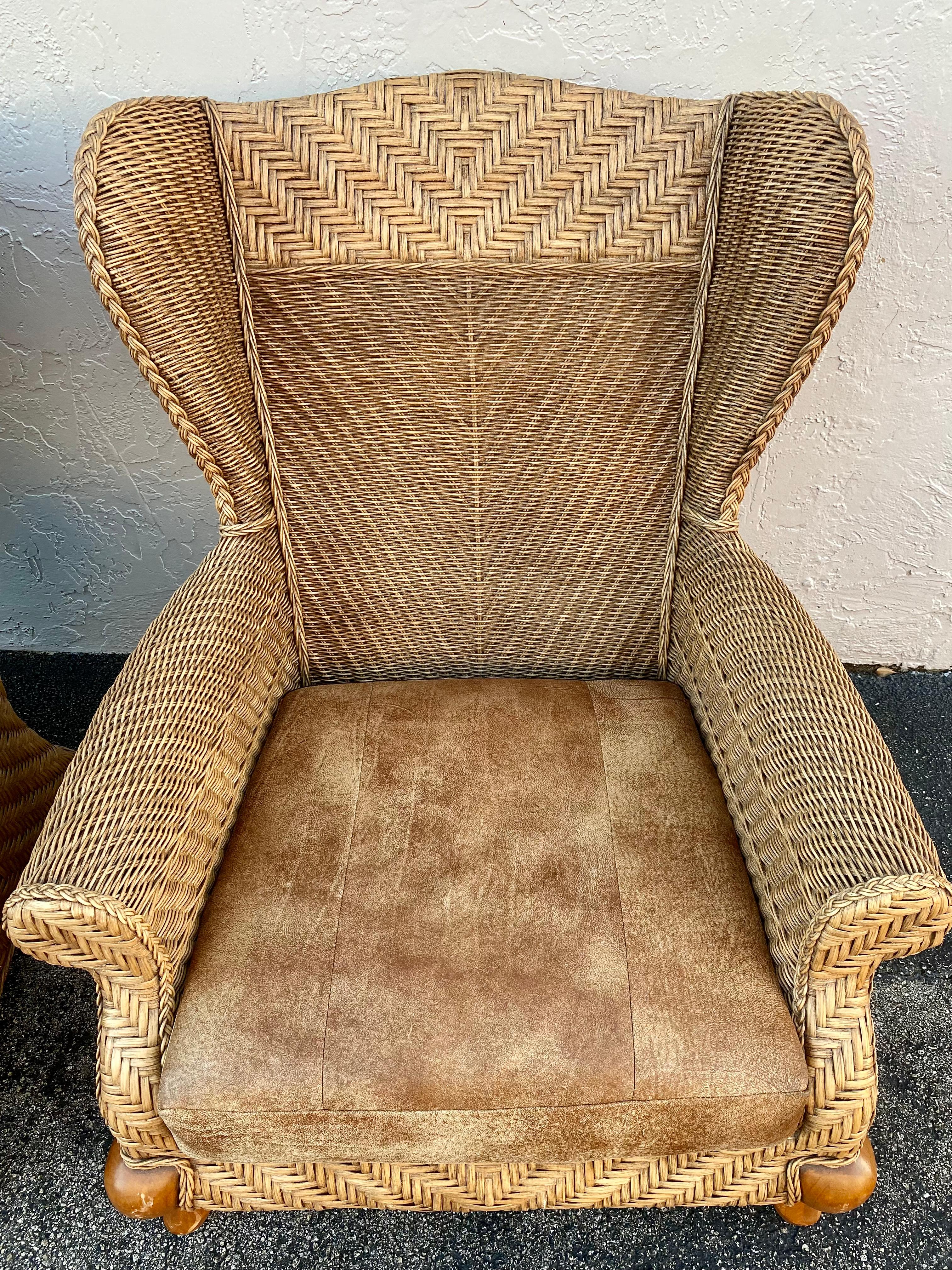 1980s Rattan Queen Anne Style XL Wingback Chairs, Set of 2 For Sale 1