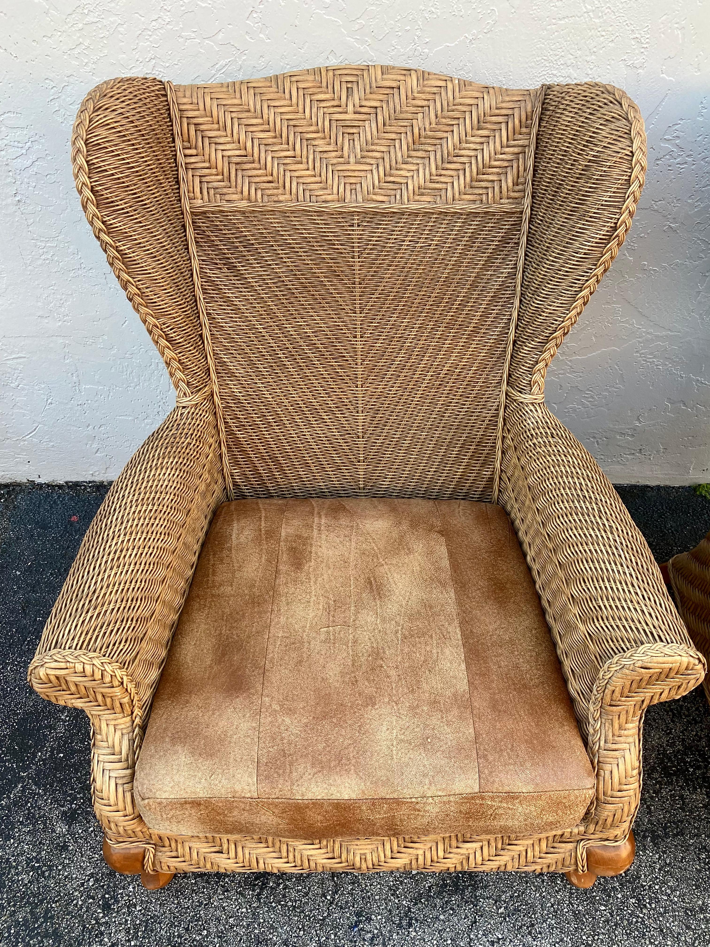 1980s Rattan Queen Anne Style XL Wingback Chairs, Set of 2 For Sale 2