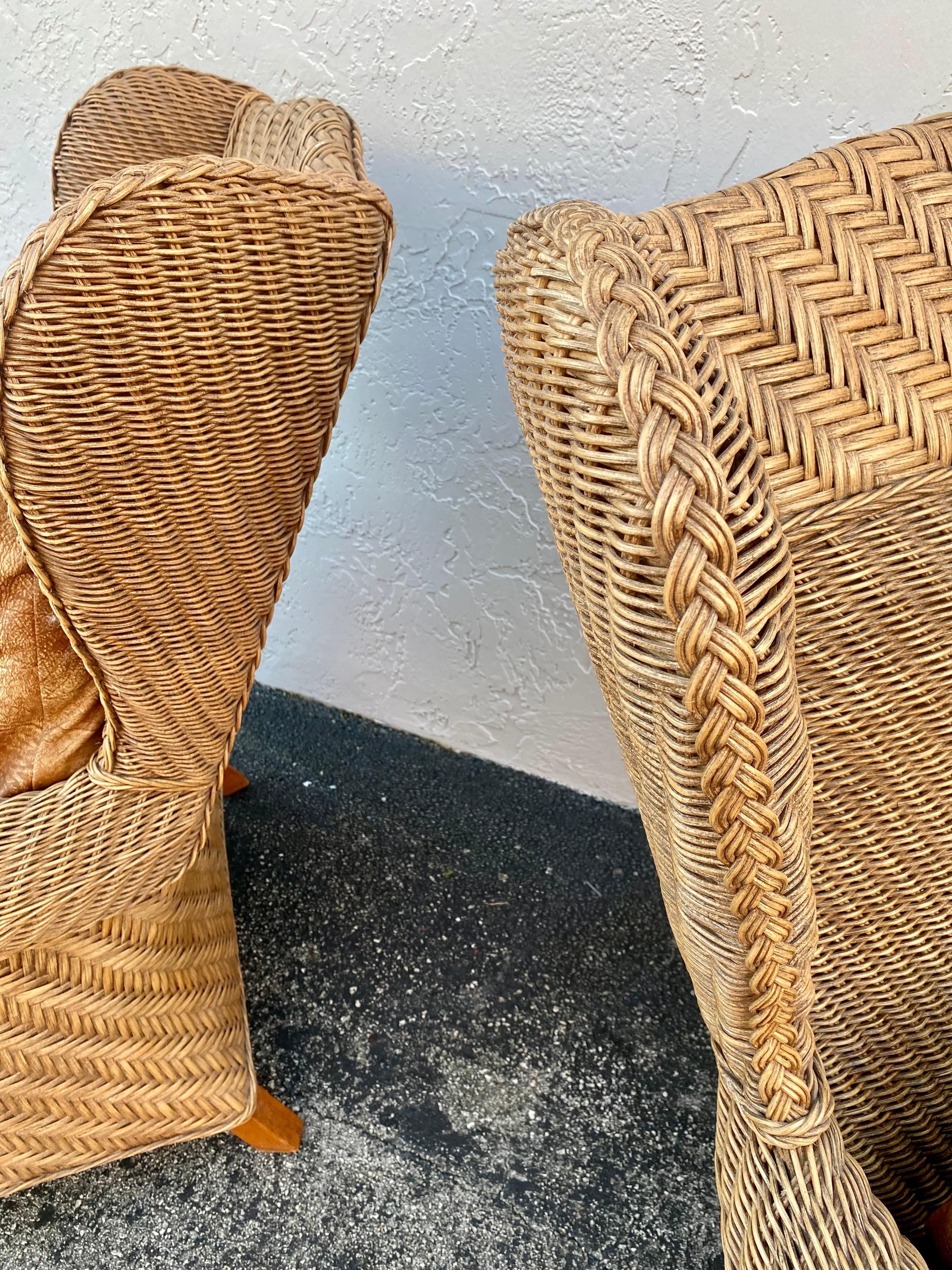 1980s Rattan Queen Anne Style XL Wingback Chairs, Set of 2 For Sale 4
