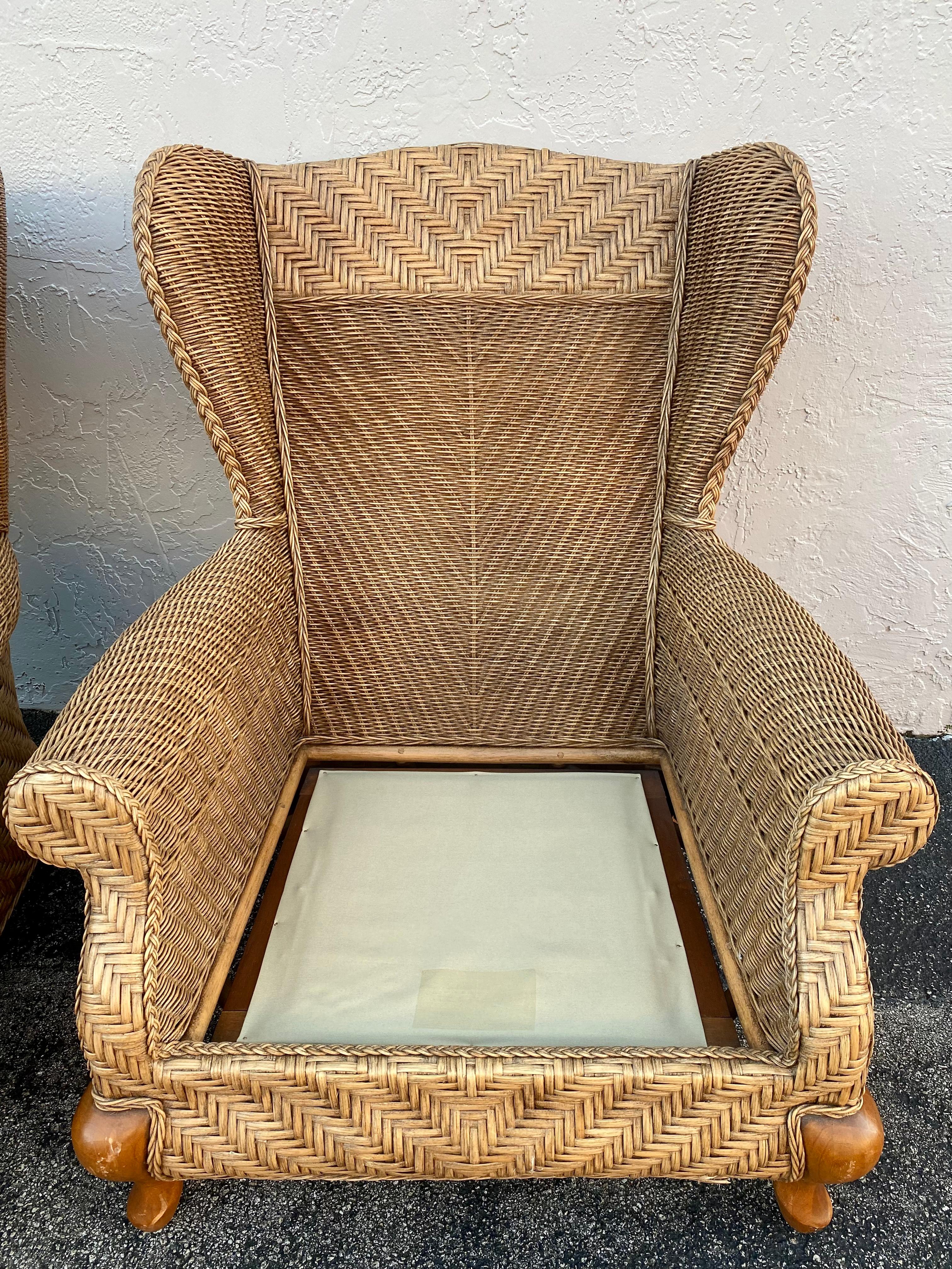 1980s Rattan Queen Anne Style XL Wingback Chairs, Set of 2 For Sale 5