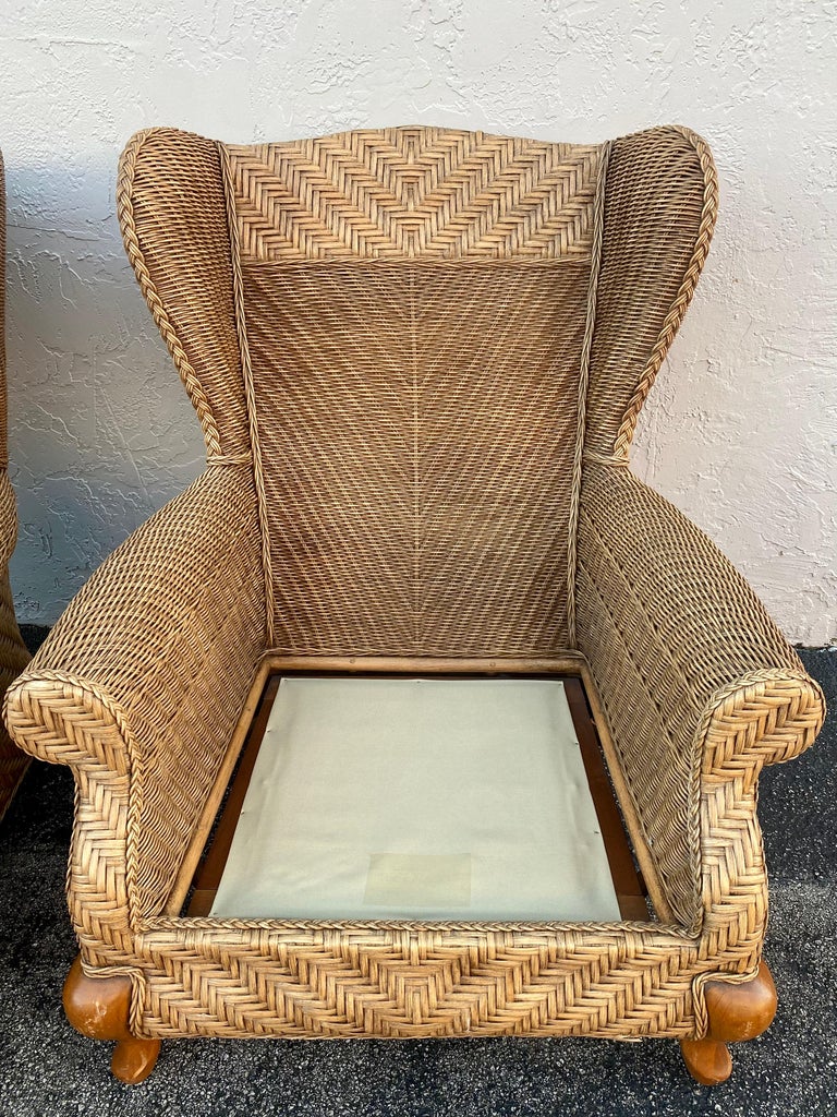 1980s Rattan Queen Anne Style XL Wingback Chairs, Set of 2 For Sale 7