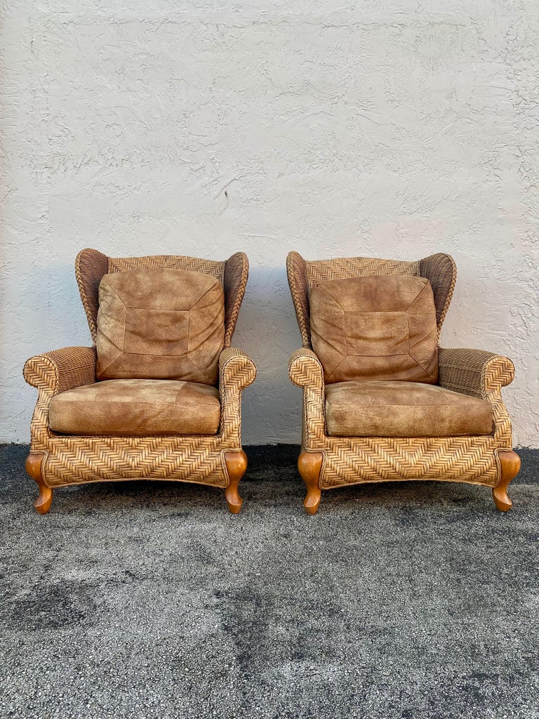Bohemian 1980s Rattan Queen Anne Style XL Wingback Chairs, Set of 2 For Sale