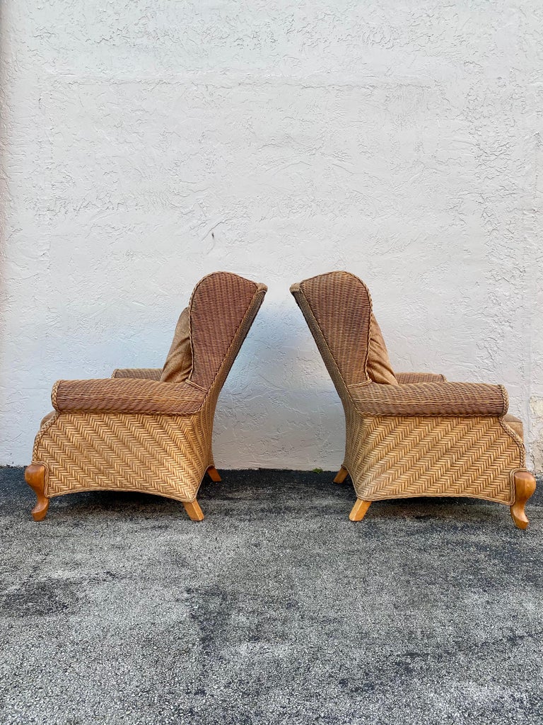 American 1980s Rattan Queen Anne Style XL Wingback Chairs, Set of 2 For Sale