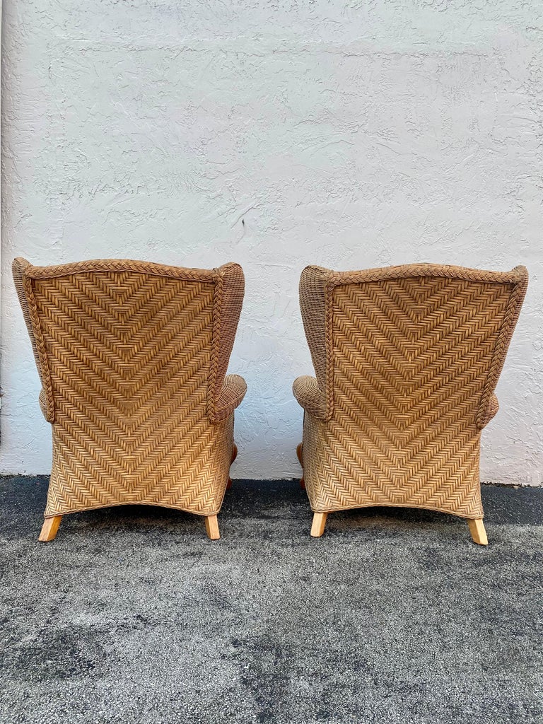 1980s Rattan Queen Anne Style XL Wingback Chairs, Set of 2 In Excellent Condition For Sale In Fort Lauderdale, FL