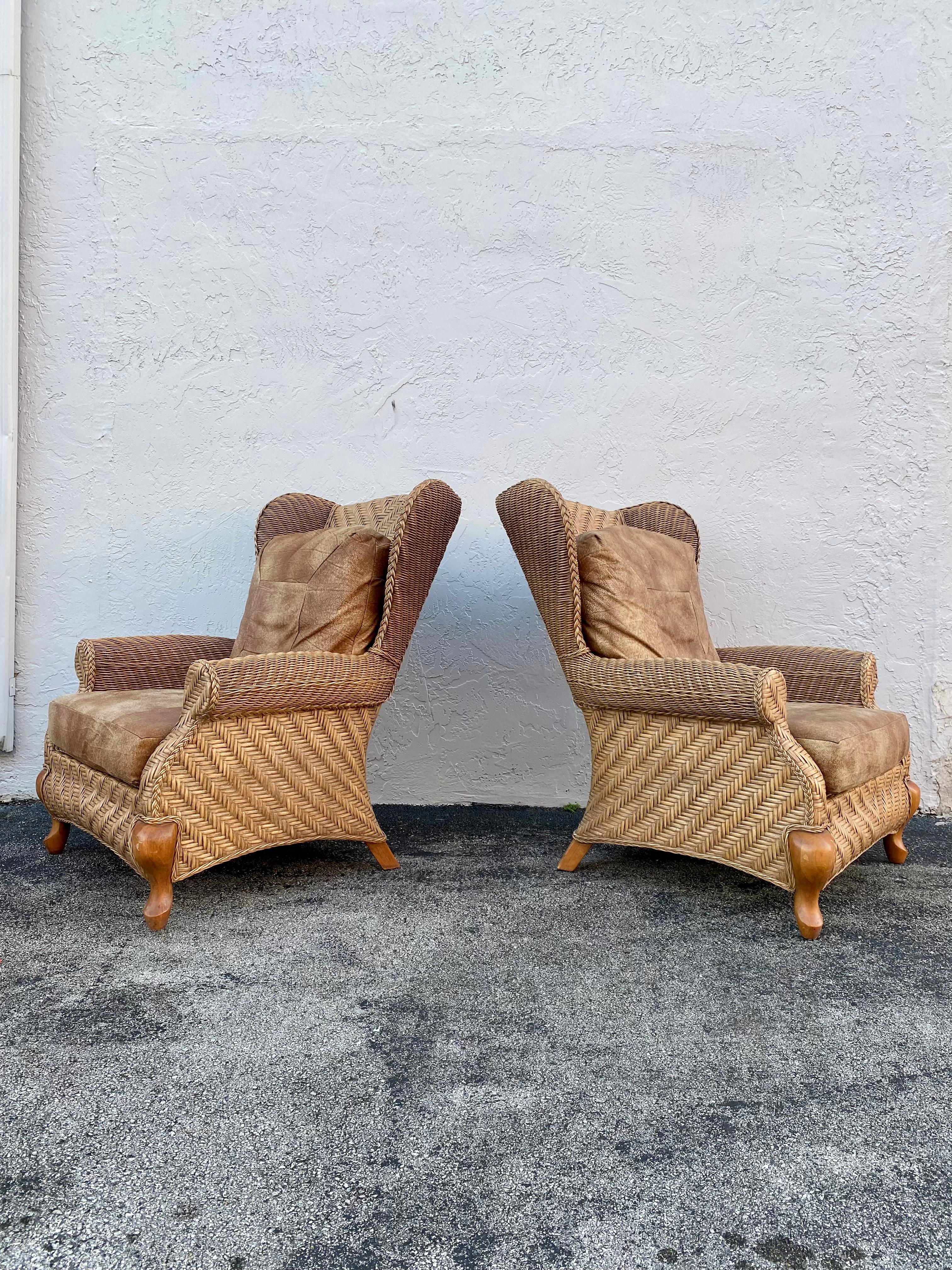 Bohemian 1980s Rattan Queen Anne Style XL Wingback Chairs, Set of 2 For Sale